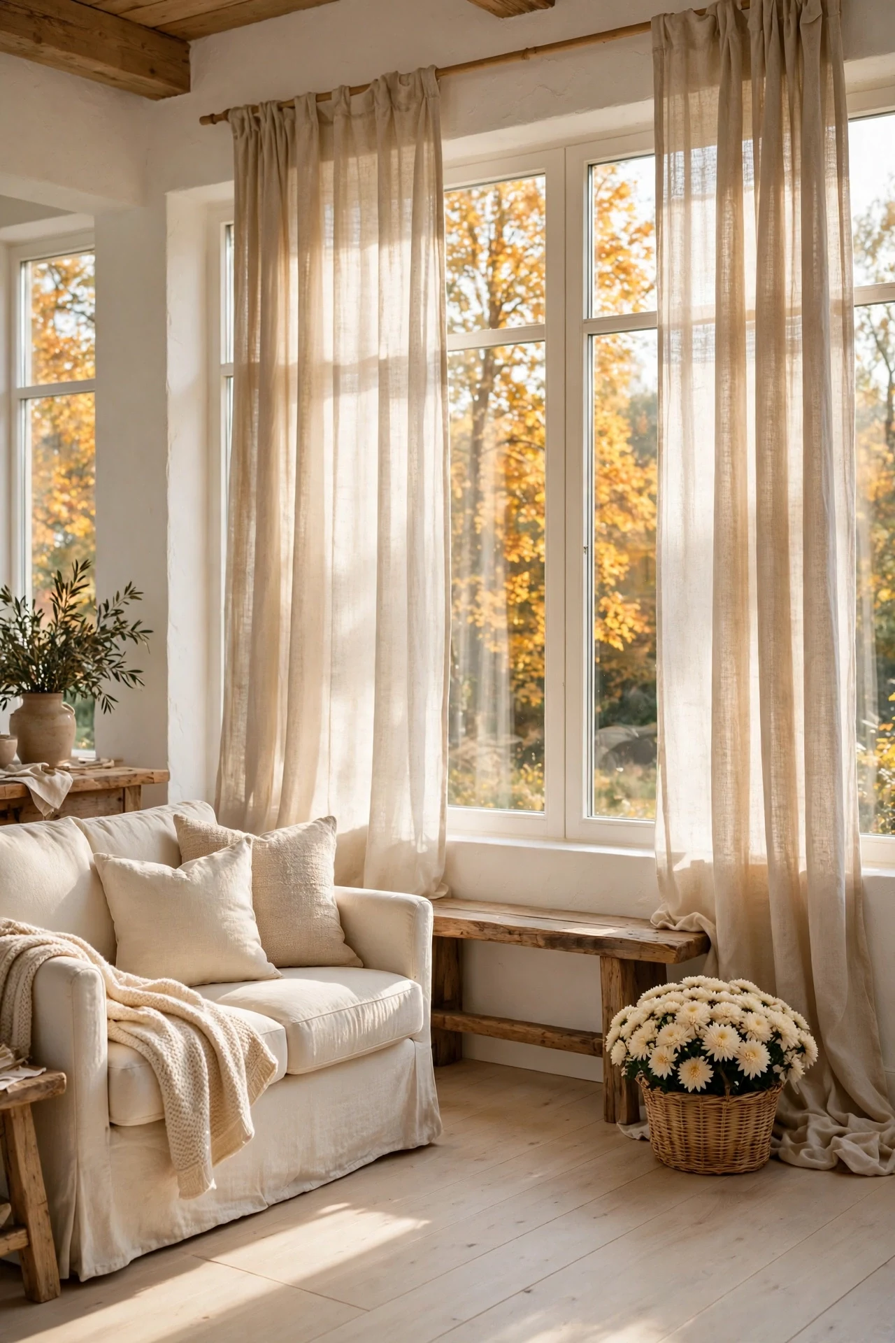 Tall windows dressed with soft cream linen curtains in a rustic living room with wood beams and a linen sofa in golden light.