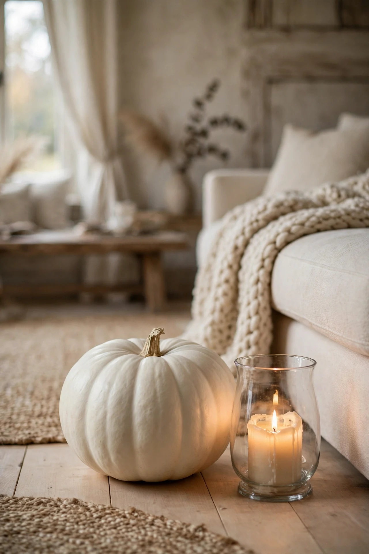 One large white pumpkin on the floor beside a chunky wood coffee table and a woven basket of cream mums in a rustic living room.