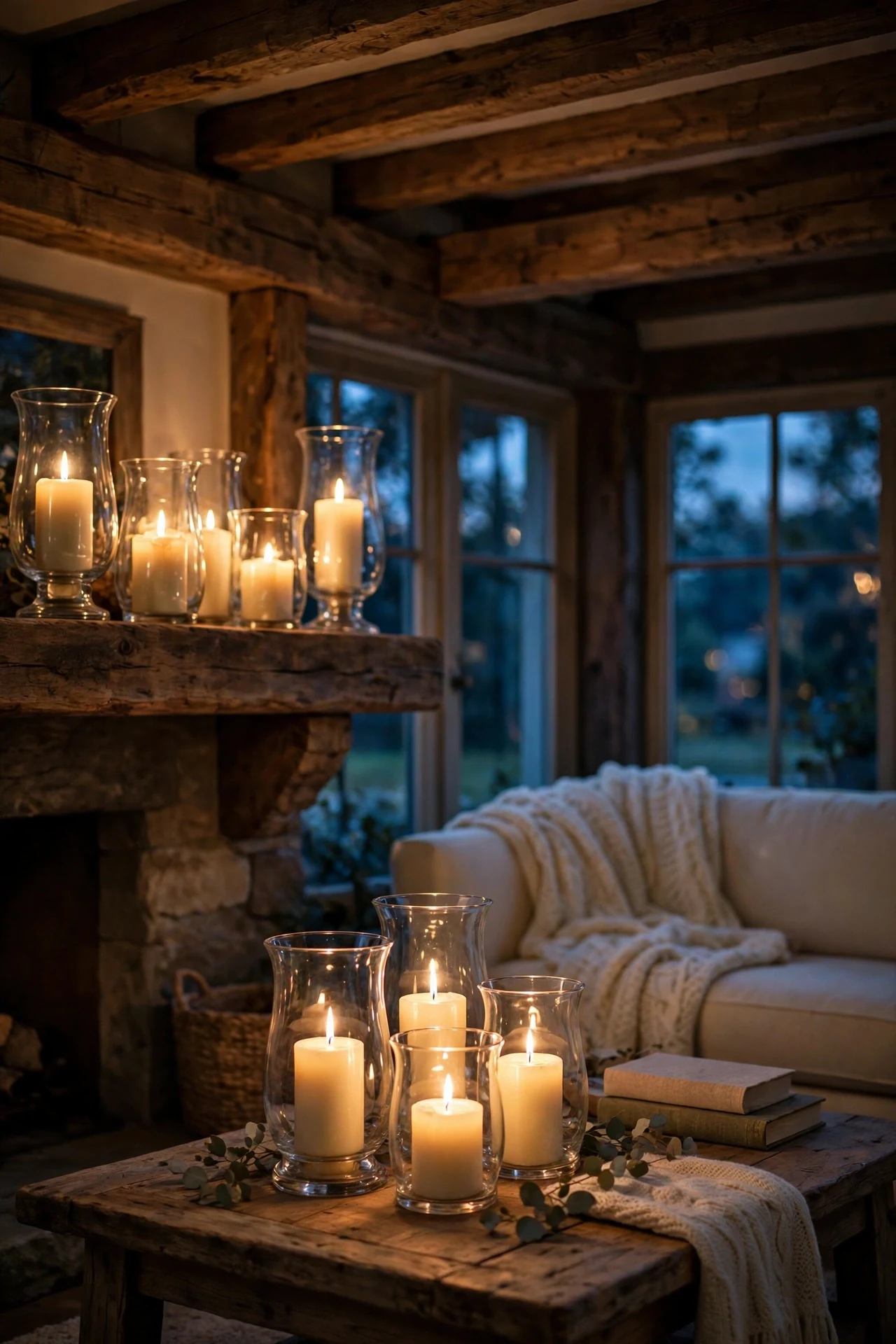 Pillar candles glowing inside tall glass hurricanes on a wood coffee table in a cozy rustic living room at dusk.
