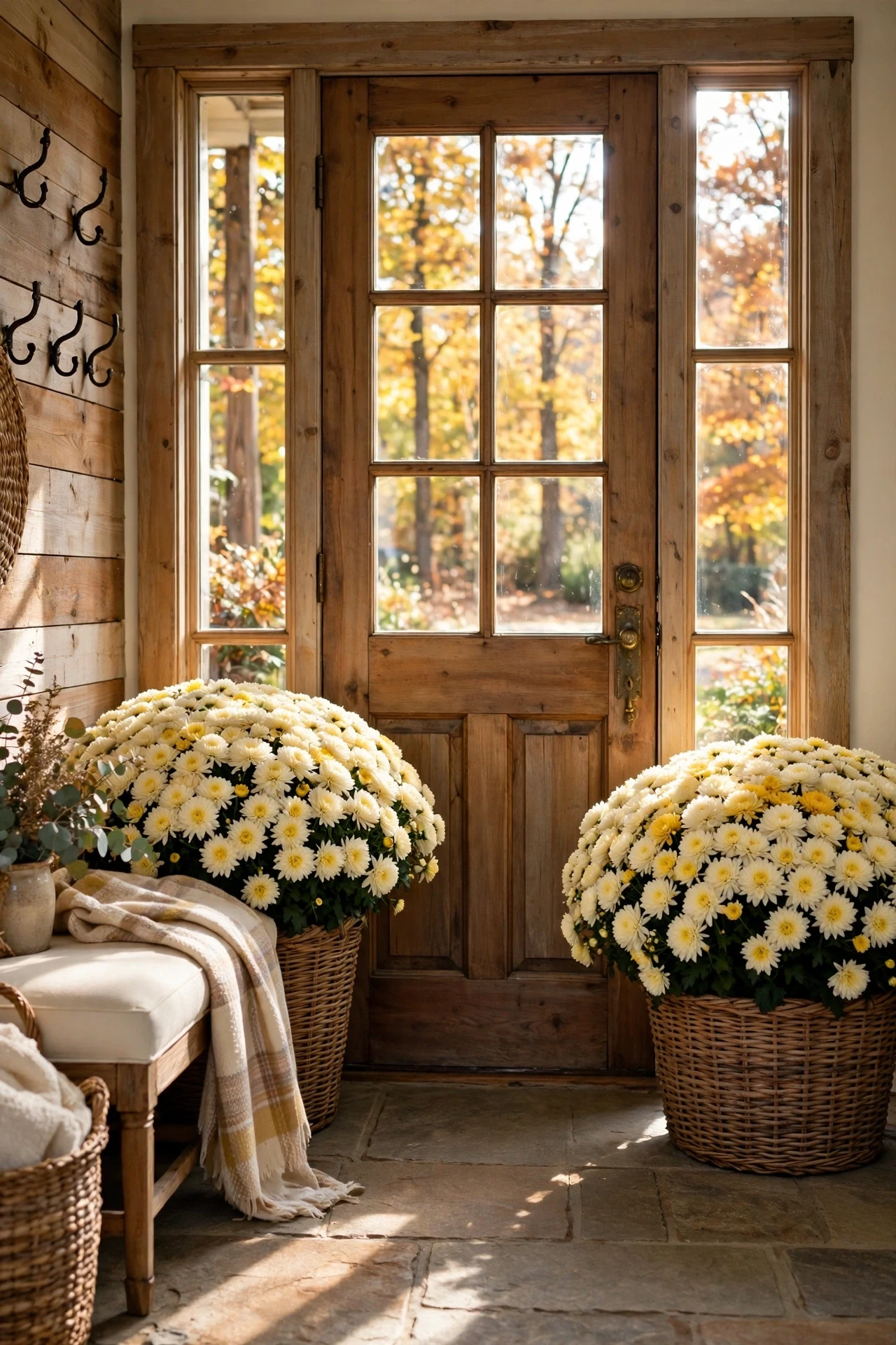 Woven baskets overflowing with cream mums beside a linen sofa in a warm rustic living room.