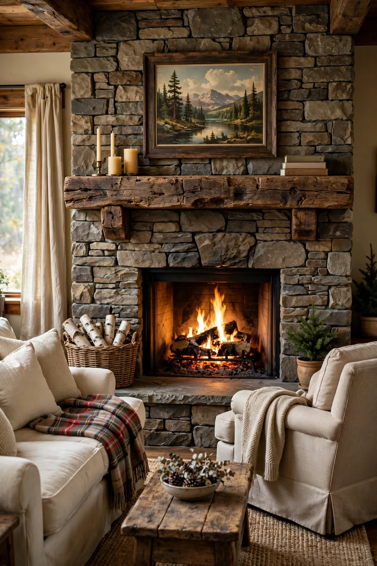 Stone fireplace with a warm wood mantel, glowing candles and a basket of logs, with a cream sofa turned toward the hearth.