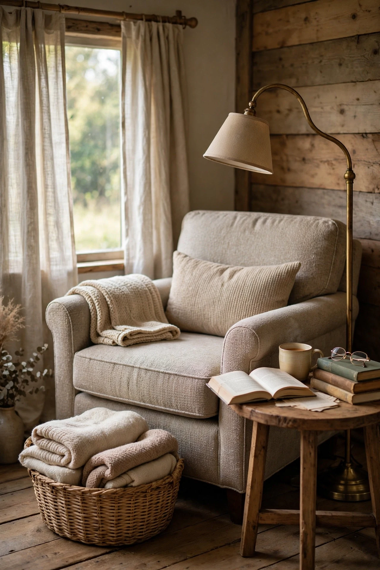 Cozy reading corner with a linen armchair, a chunky knit throw, a warm lamp and a small wood side table with books beside a window.