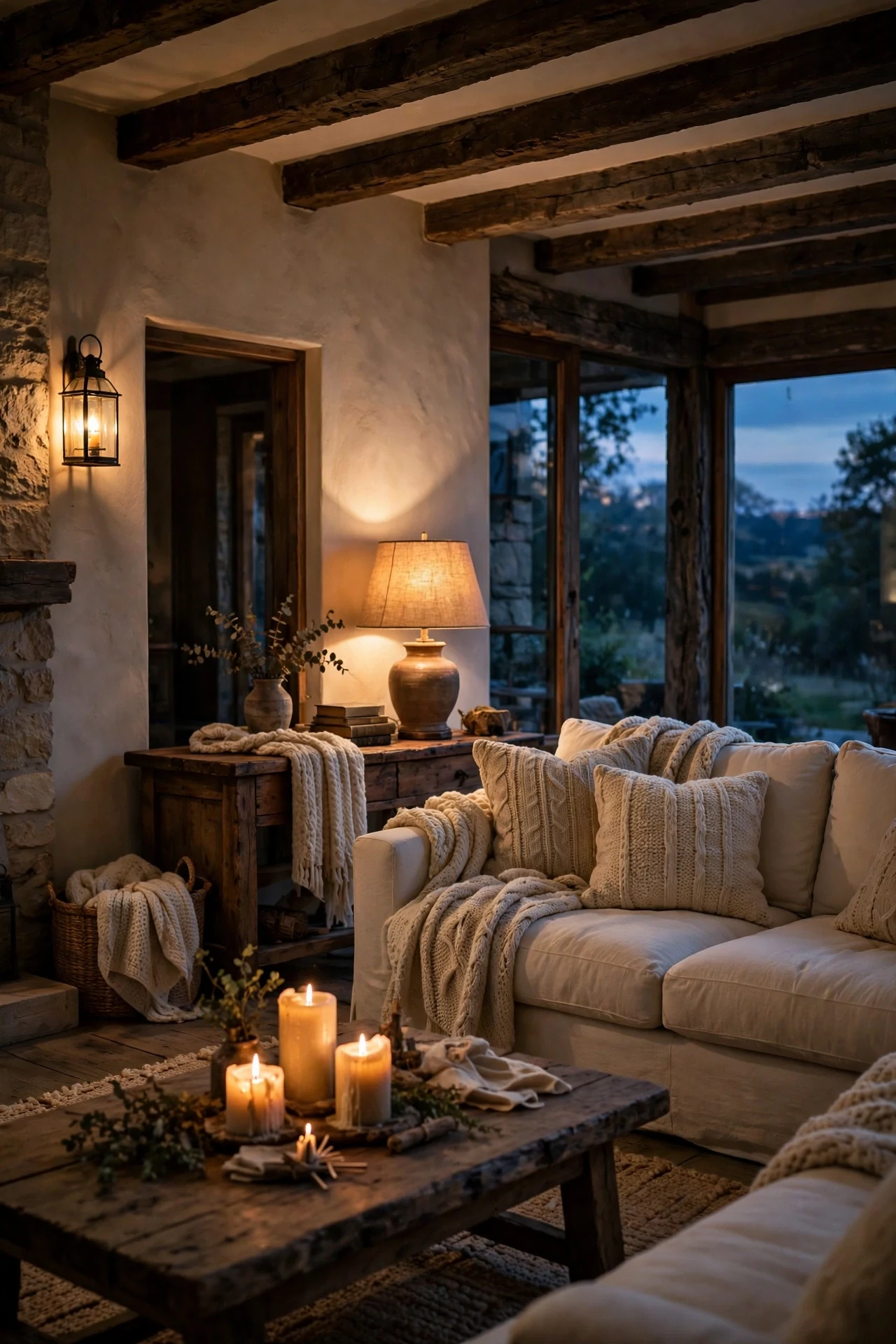 Rustic living room at dusk with layered warm lighting from a glass lantern wall sconce, a table lamp and glowing candles.