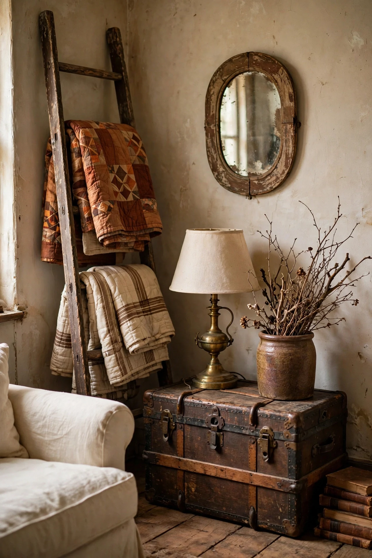 Rustic living room styled with vintage finds, an aged wood trunk as a side table, an antique mirror and worn brass candlesticks.