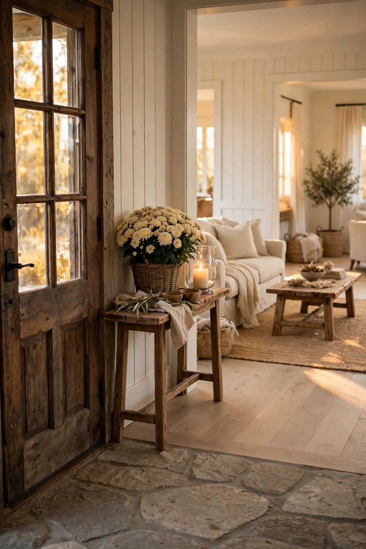 Open entry flowing into a rustic living room, with a glass pane wood door, a woven jute runner, a cream sofa and baskets in golden light.