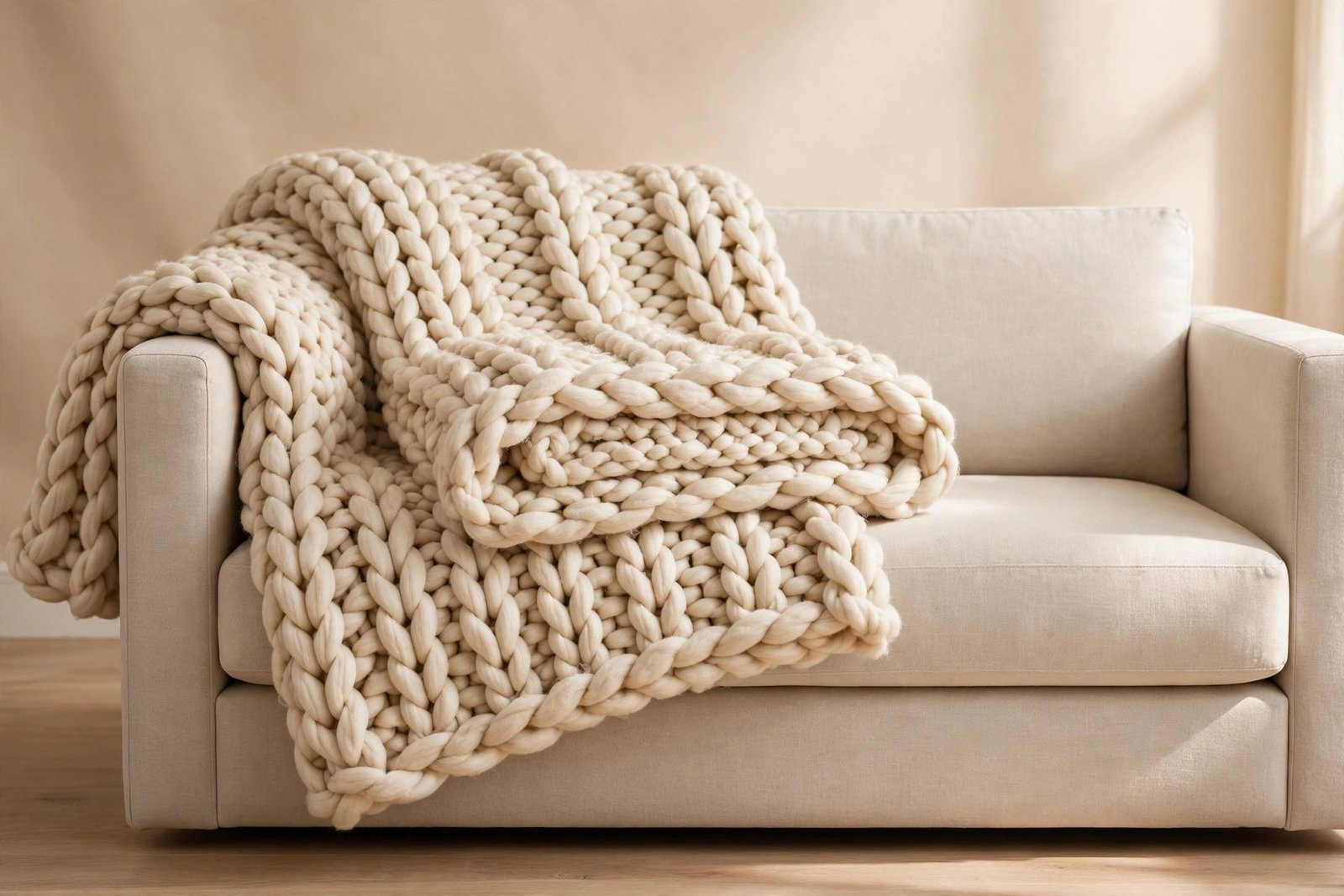 Maetoow Chenille Chunky Knit Blanket Throw, Handmade Cozy Couch Blanket, Cream, 50 x 60 Inch