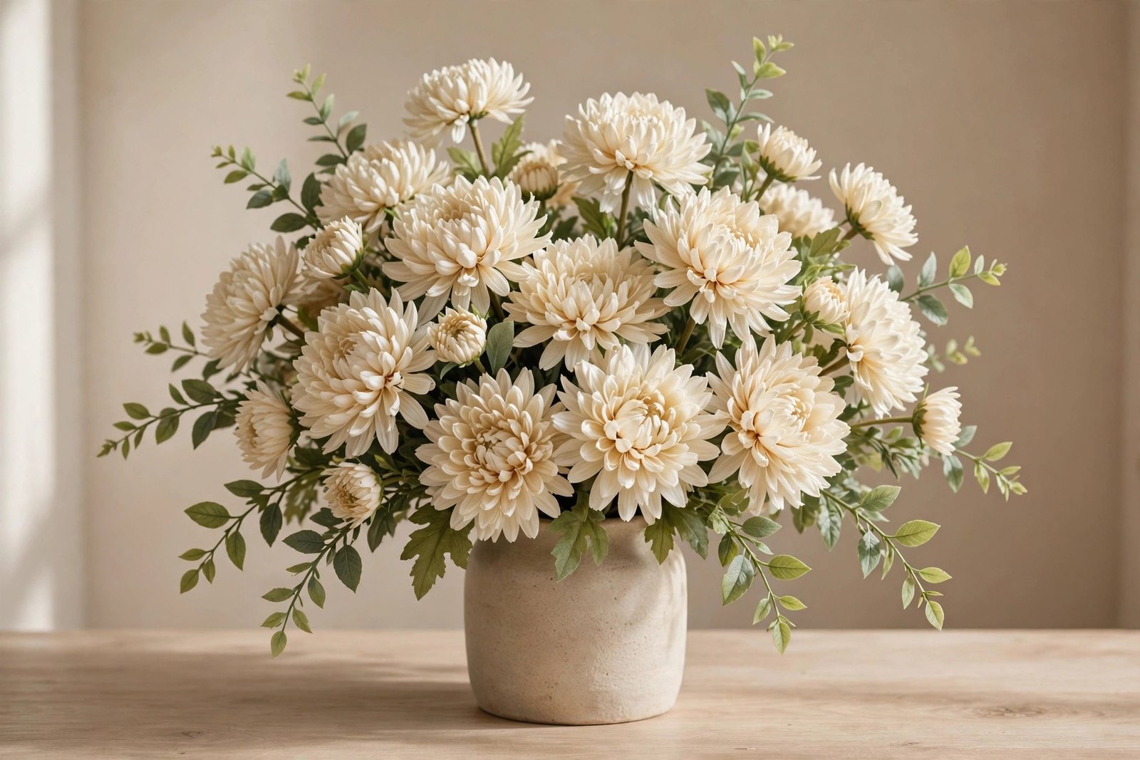Hollyone Off White Artificial Mums Flowers, Silk Chrysanthemum Stems, Pack of 6