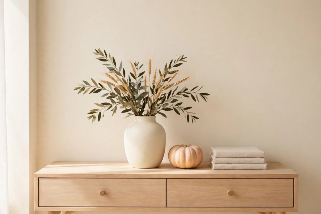 Light wood console table centered with a matte cream painted glass vase of olive eucalyptus and dried wheat, a small pale pumpkin and a stack of linen bound books beside it, against a warm cream wall.