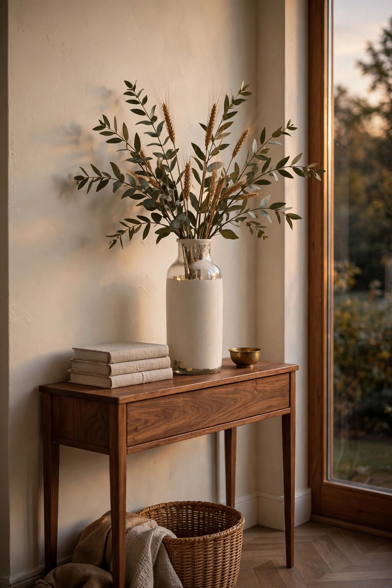 Entryway console table with a tall glass vase painted matte cream holding eucalyptus stems and dried wheat, beside a stack of linen bound books and a small brass bowl.