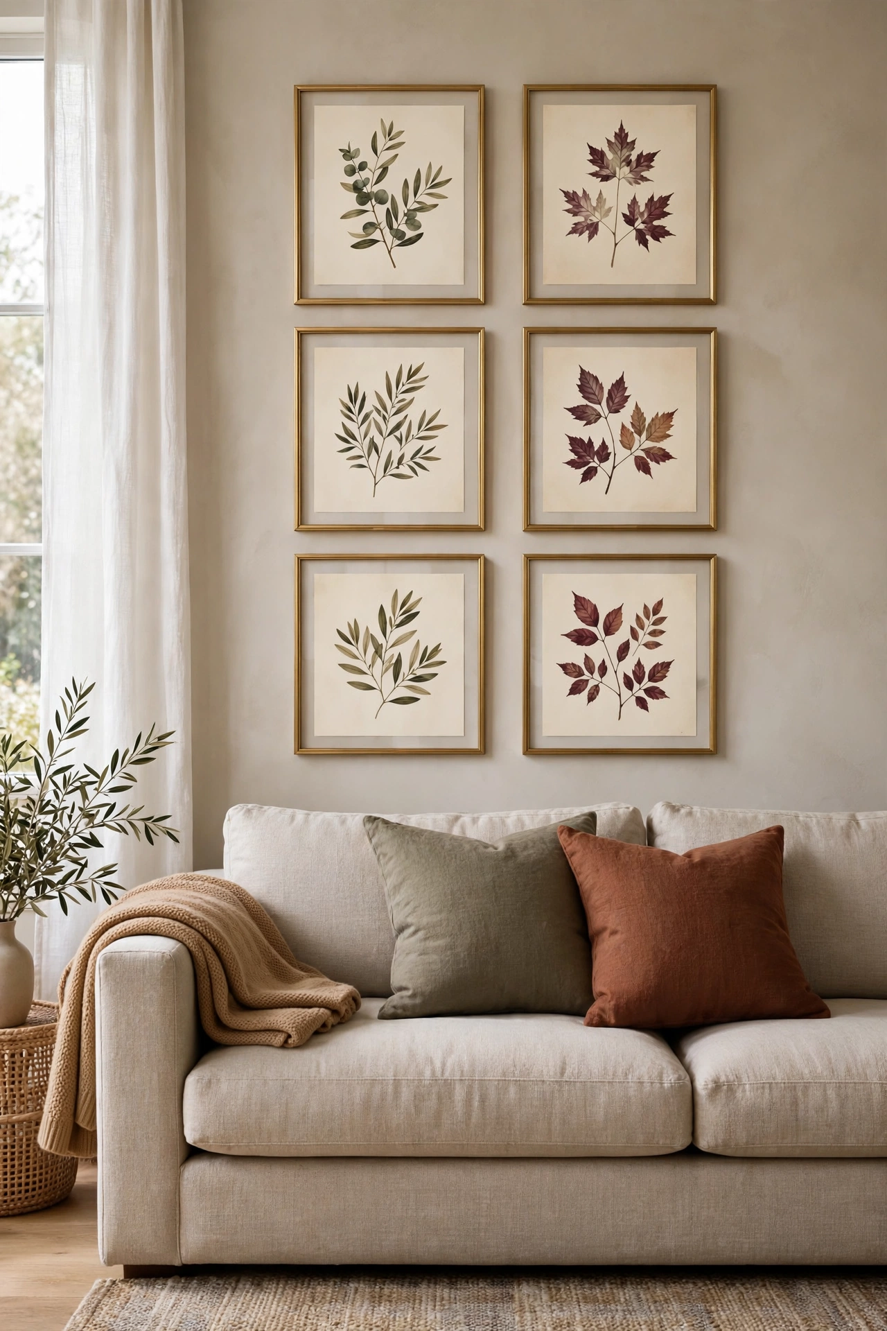 Living room wall above an oatmeal sofa with a tidy grid of six thin gold frames holding muted botanical prints in olive, cream and burgundy, camel throw on the sofa arm.