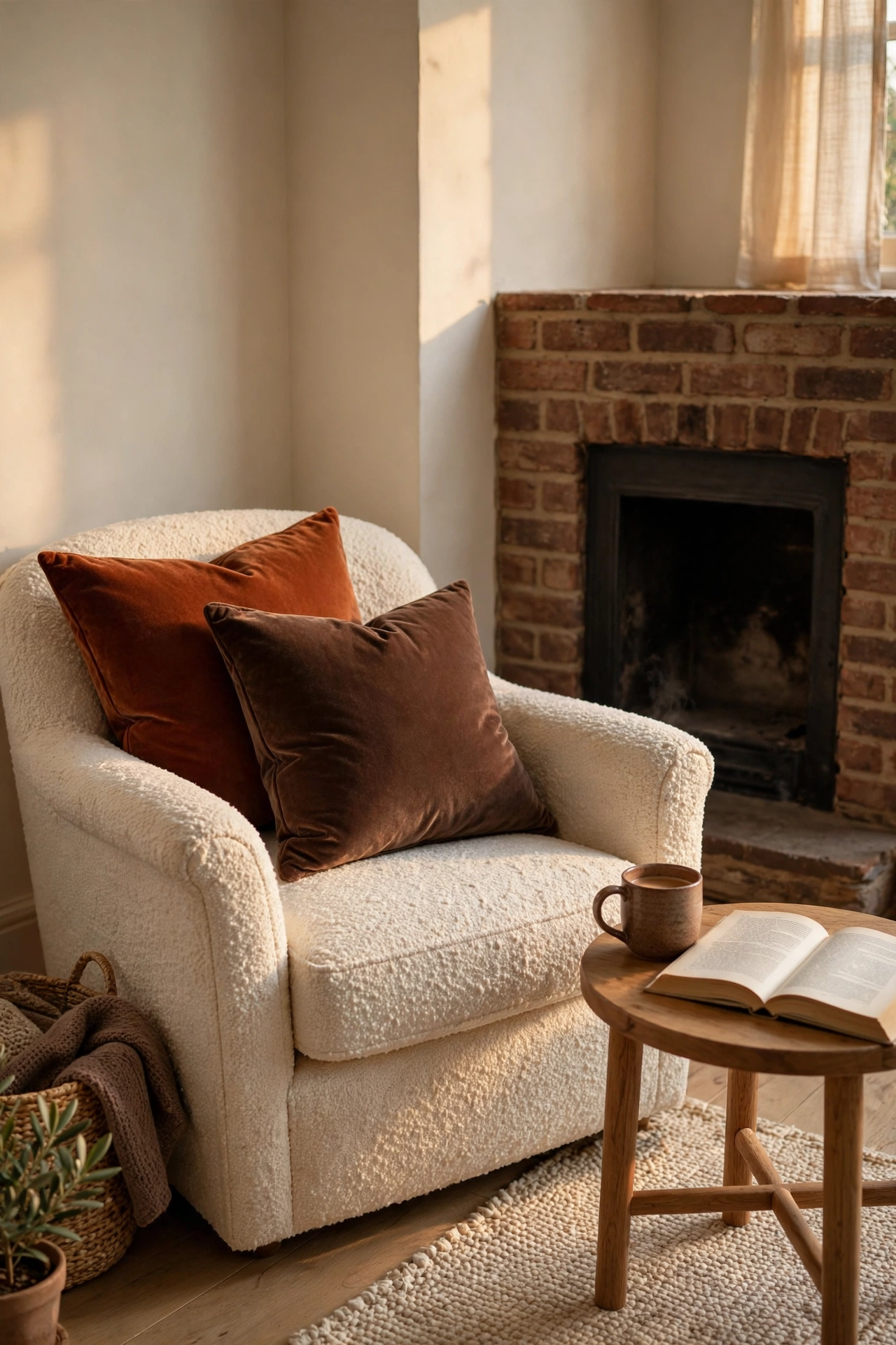Cream boucle armchair by a brick fireplace with a rust velvet pillow and a chocolate brown velvet pillow layered on it, side table with a mug and an open book.