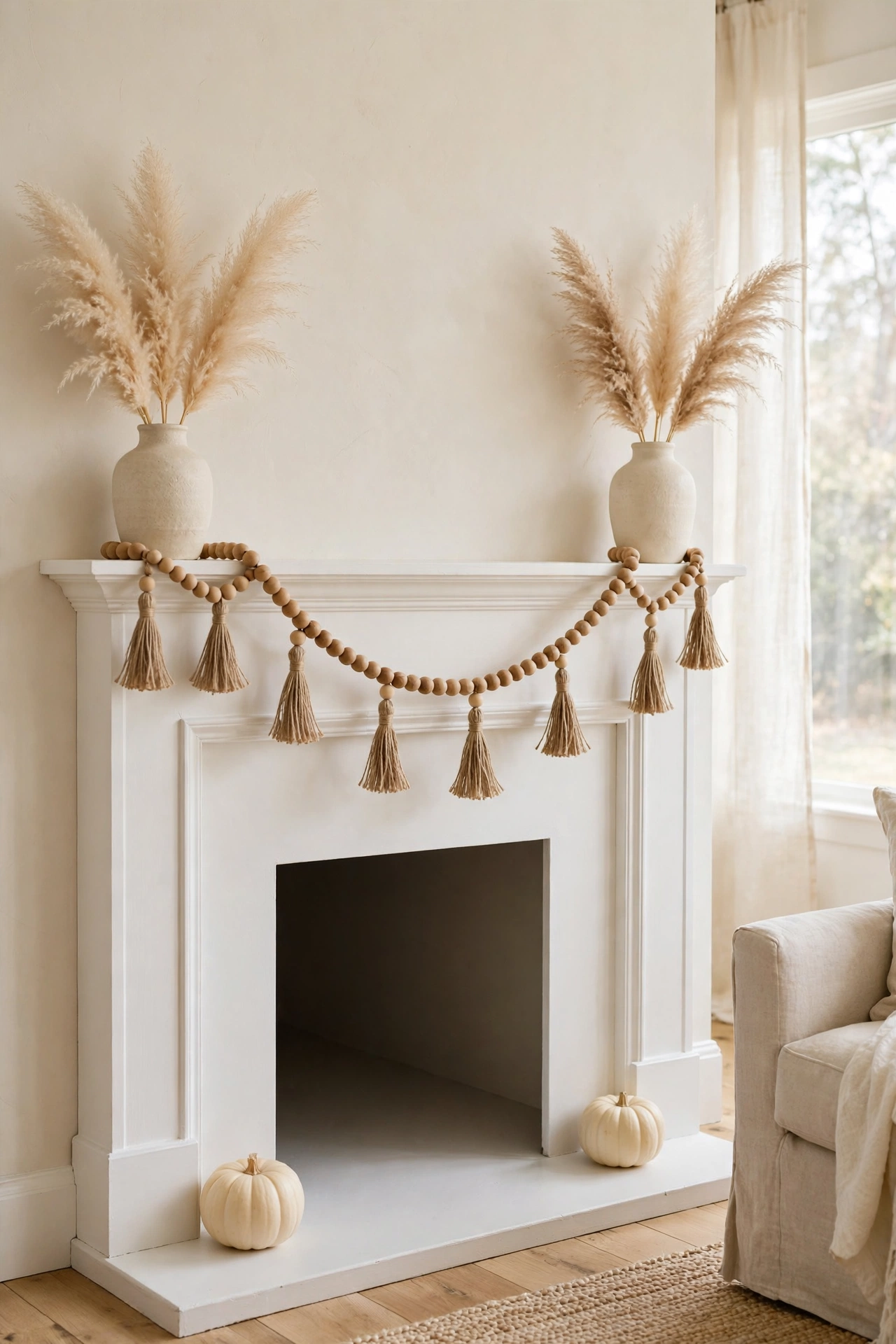 White fireplace mantel draped with a natural wood bead garland with jute tassels, cream ceramic vases with pampas grass and small pale pumpkins on top.