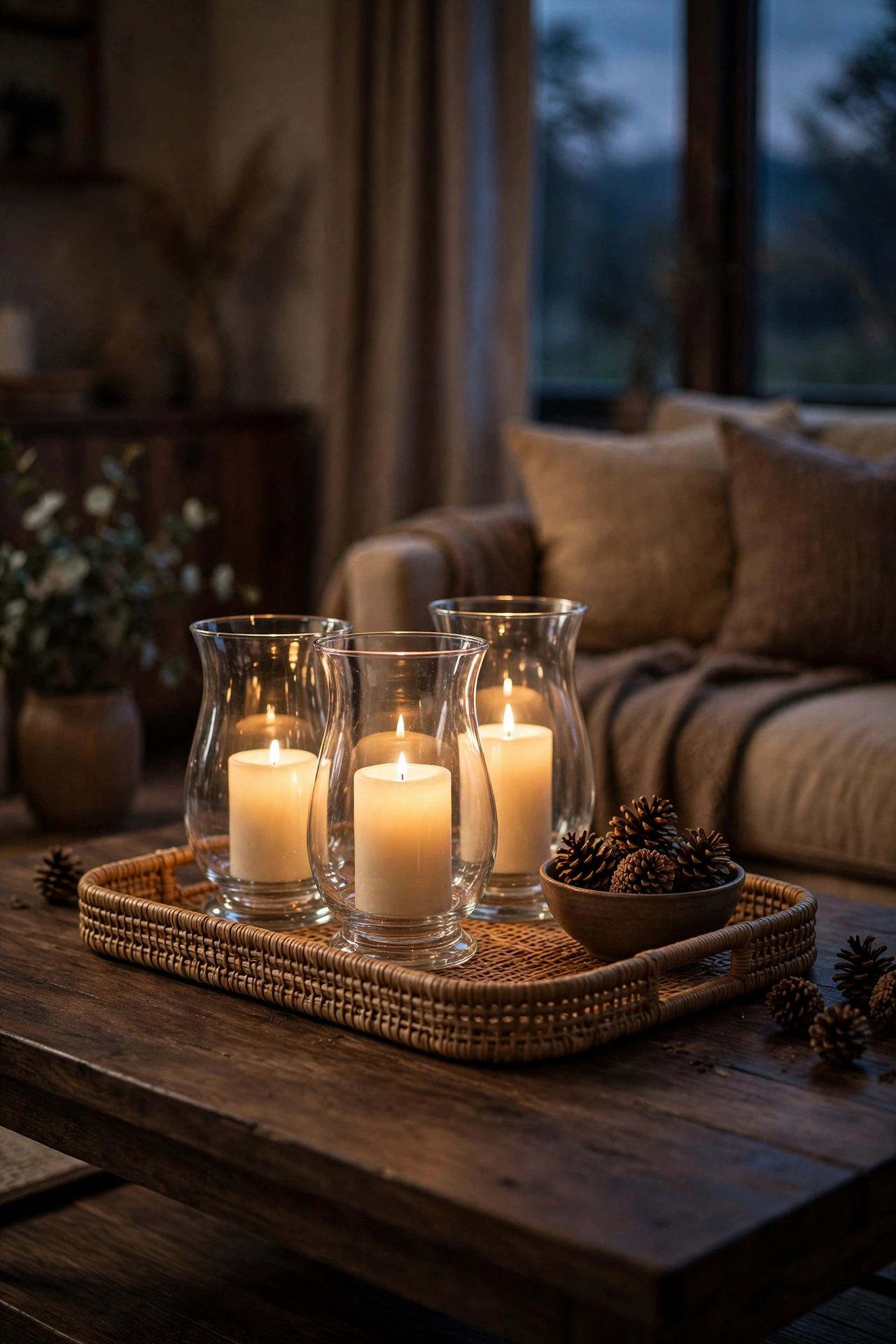 Dark wood coffee table at dusk with three clear glass hurricane vases holding glowing ivory flameless pillar candles on a woven tray, bowl of pinecones beside them.