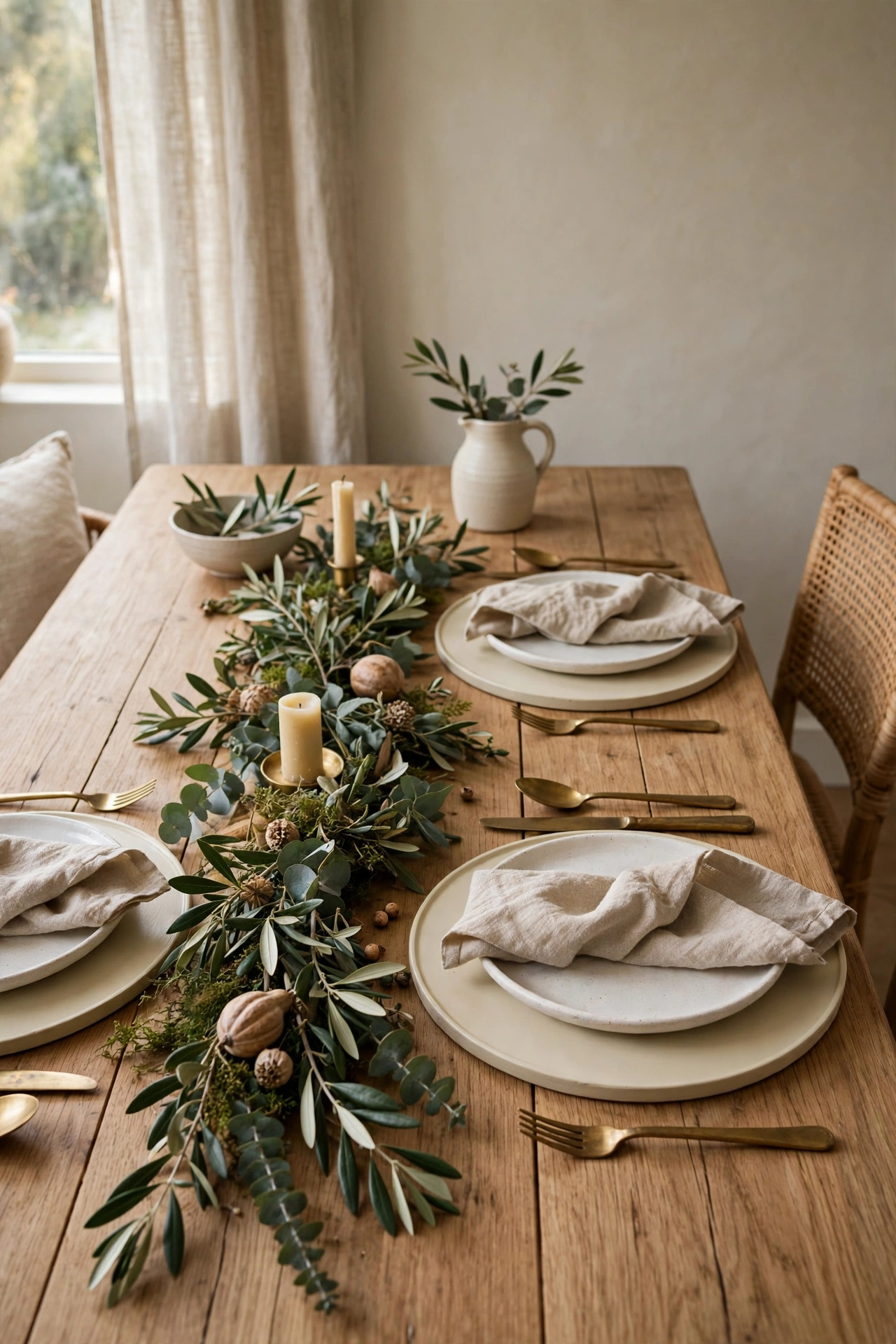 Dining table set with matte cream painted charger plates under white stoneware plates, oatmeal linen napkins, brass cutlery and a low greenery runner.