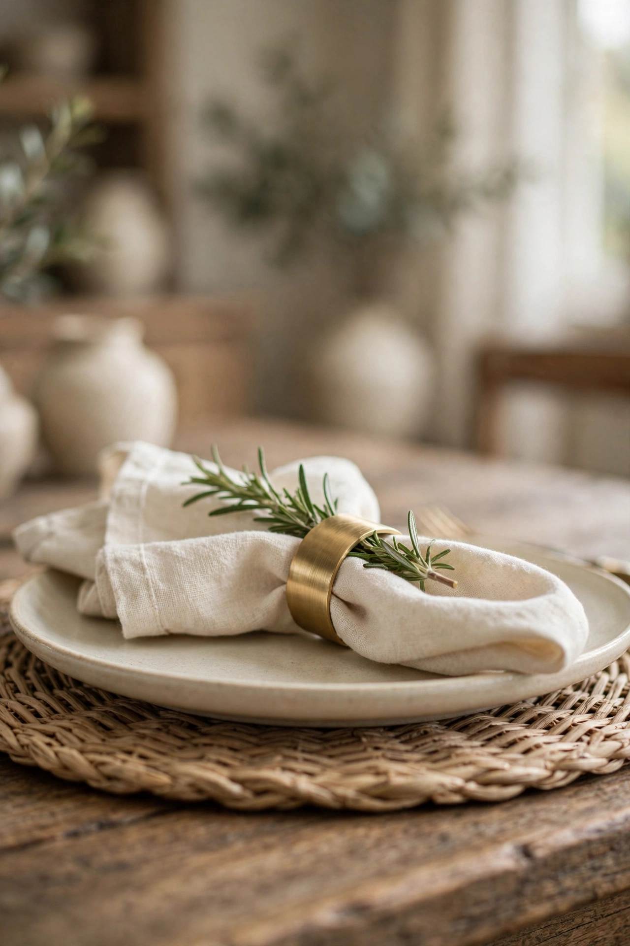 Close view of a place setting with a cream linen napkin held by a brushed gold ring with a sprig of rosemary, cream plate on a woven placemat on a rustic wood table.