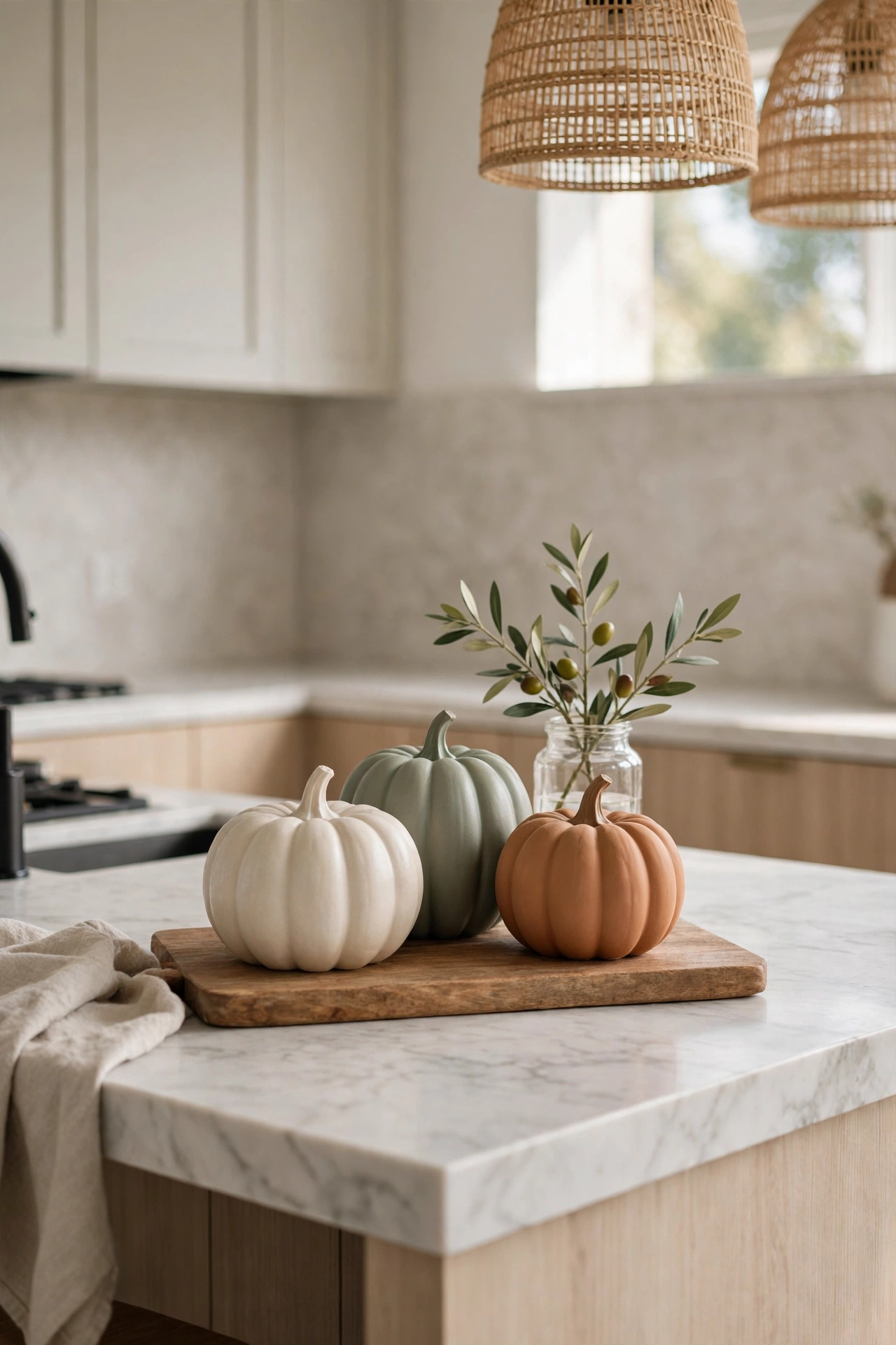 Kitchen island with three ceramic look pumpkins painted matte cream, sage and terracotta grouped on a wood board, olive branch in a glass jar behind.