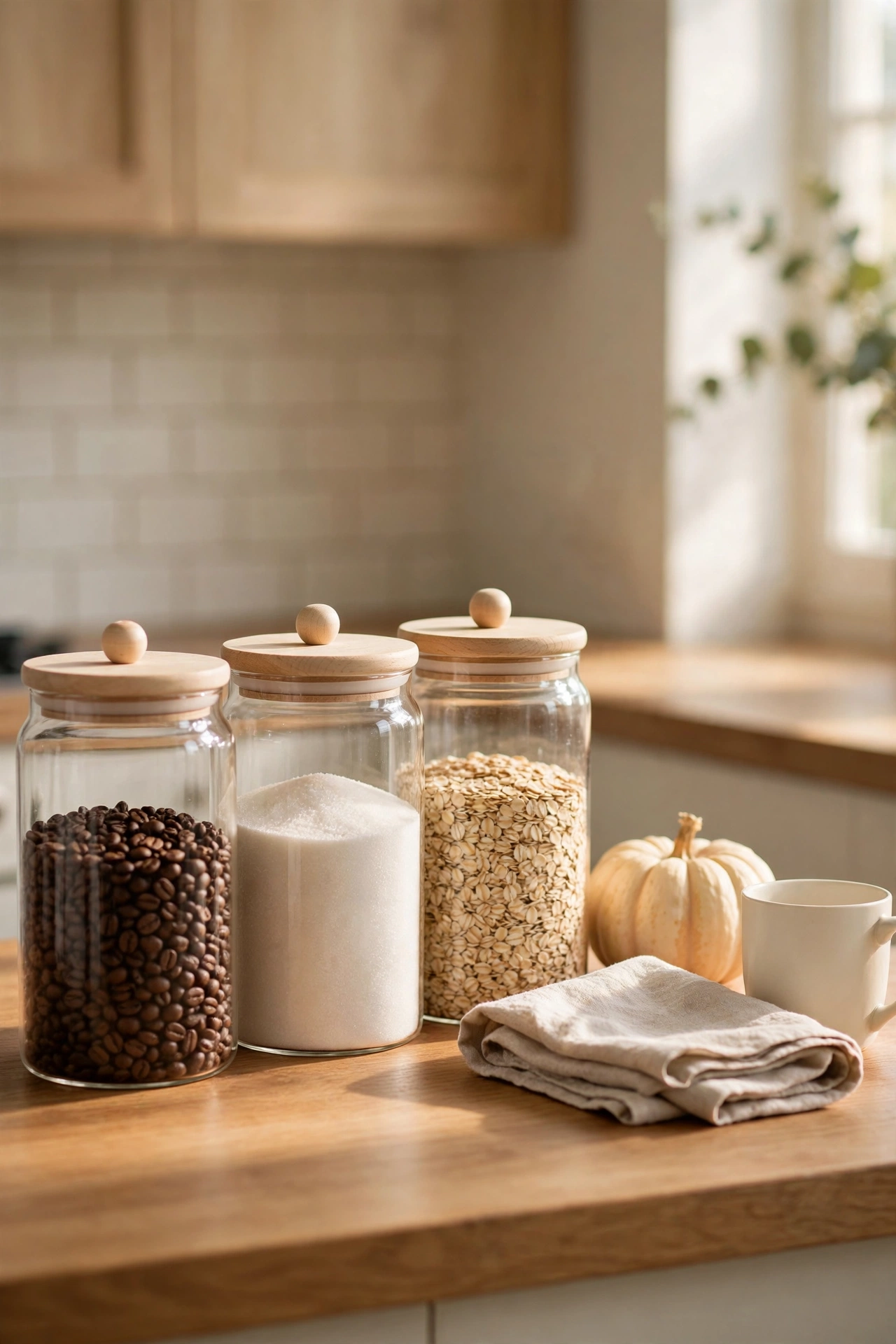 Kitchen counter coffee station with three clear glass canisters with light wood lids holding coffee beans, sugar and oats, small cream pumpkin and folded oatmeal towel beside them.