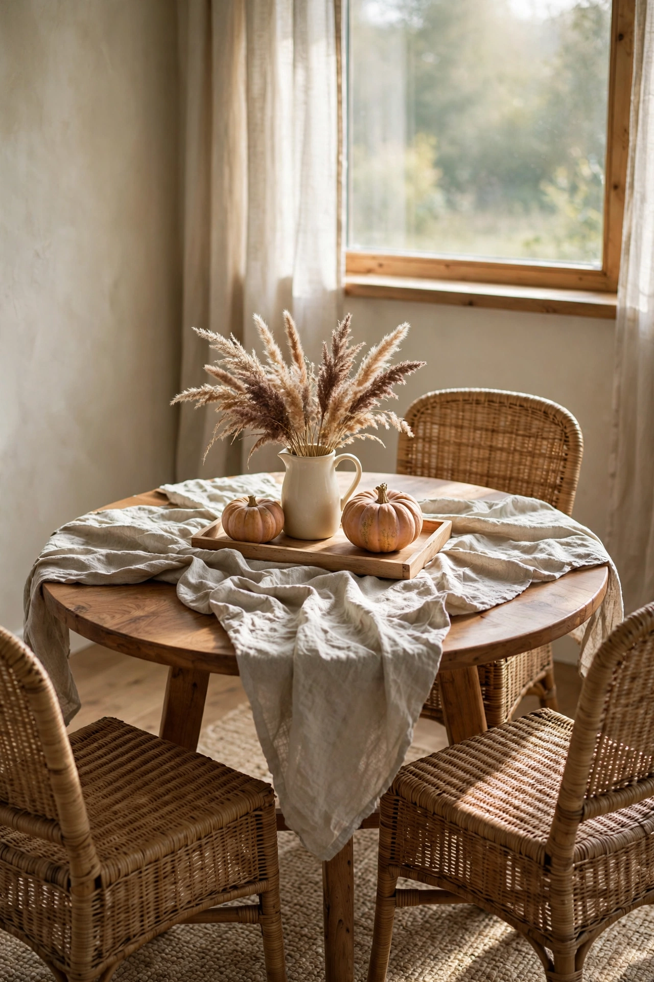 Breakfast nook with a round wood table, rumpled oatmeal linen runner, low wood tray with a cream pitcher of dried grasses and two small pumpkins, woven chairs around.