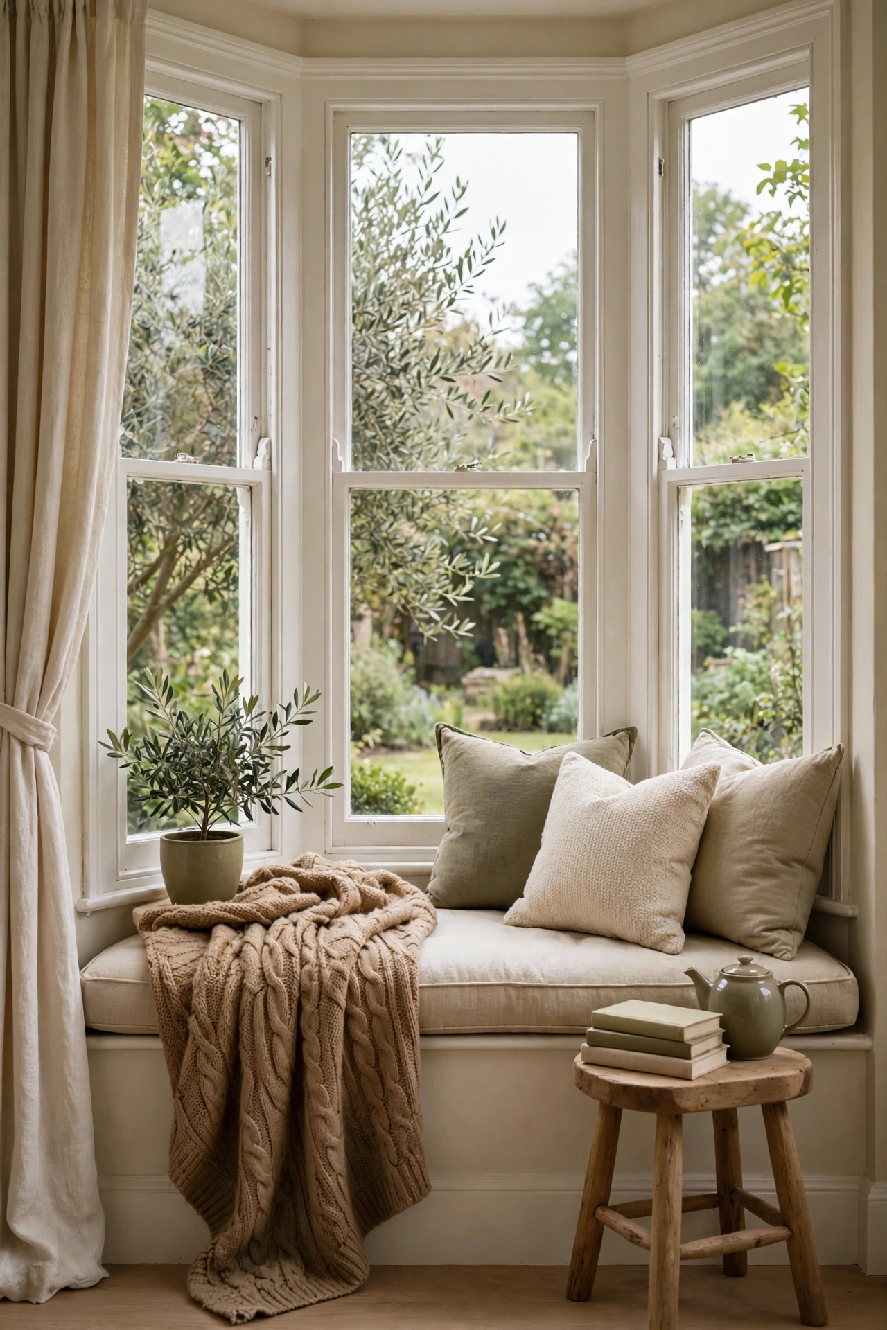 Reading nook in a bay window with a cushioned window seat, chunky camel knit throw draped over one corner, stack of books and a ceramic teapot on a wood stool beside it.