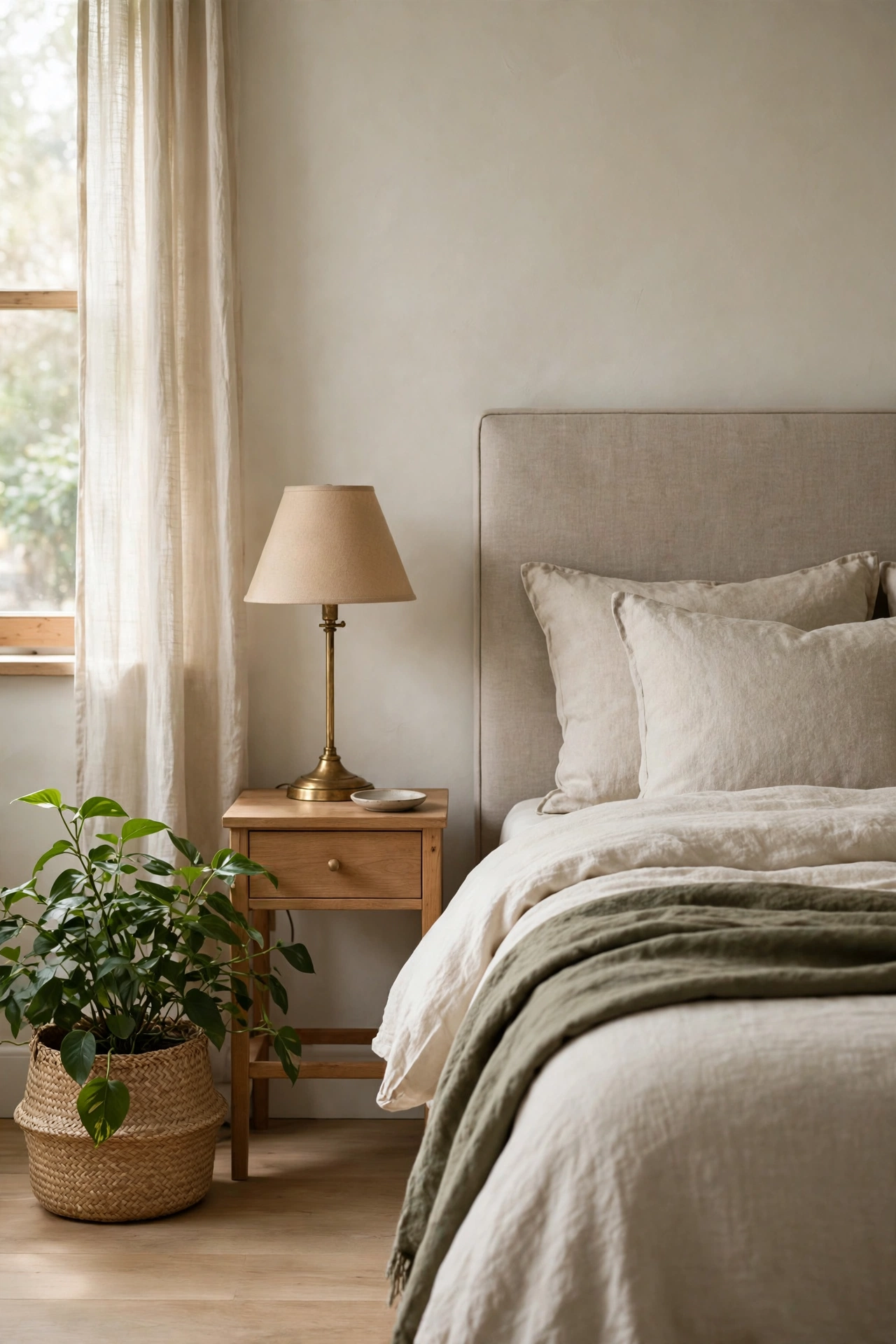 Calm bedroom corner with a leafy green plant in a woven seagrass basket used as a pot cover beside a linen upholstered bed with cream and oatmeal bedding, wood nightstand with a brass lamp.