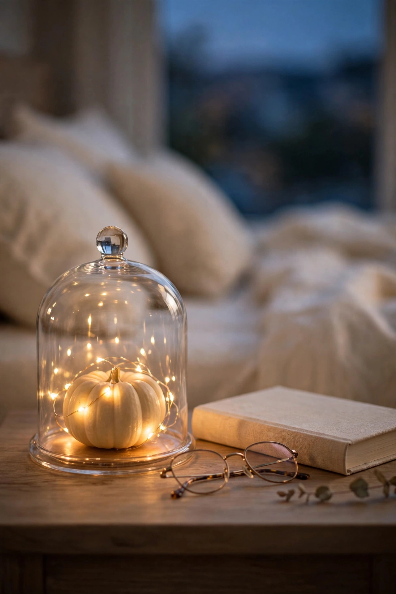 Bedside table at dusk with a glass cloche covering a small cream pumpkin wrapped in warm fairy lights, linen bound book beside it, cream bedding blurred behind.