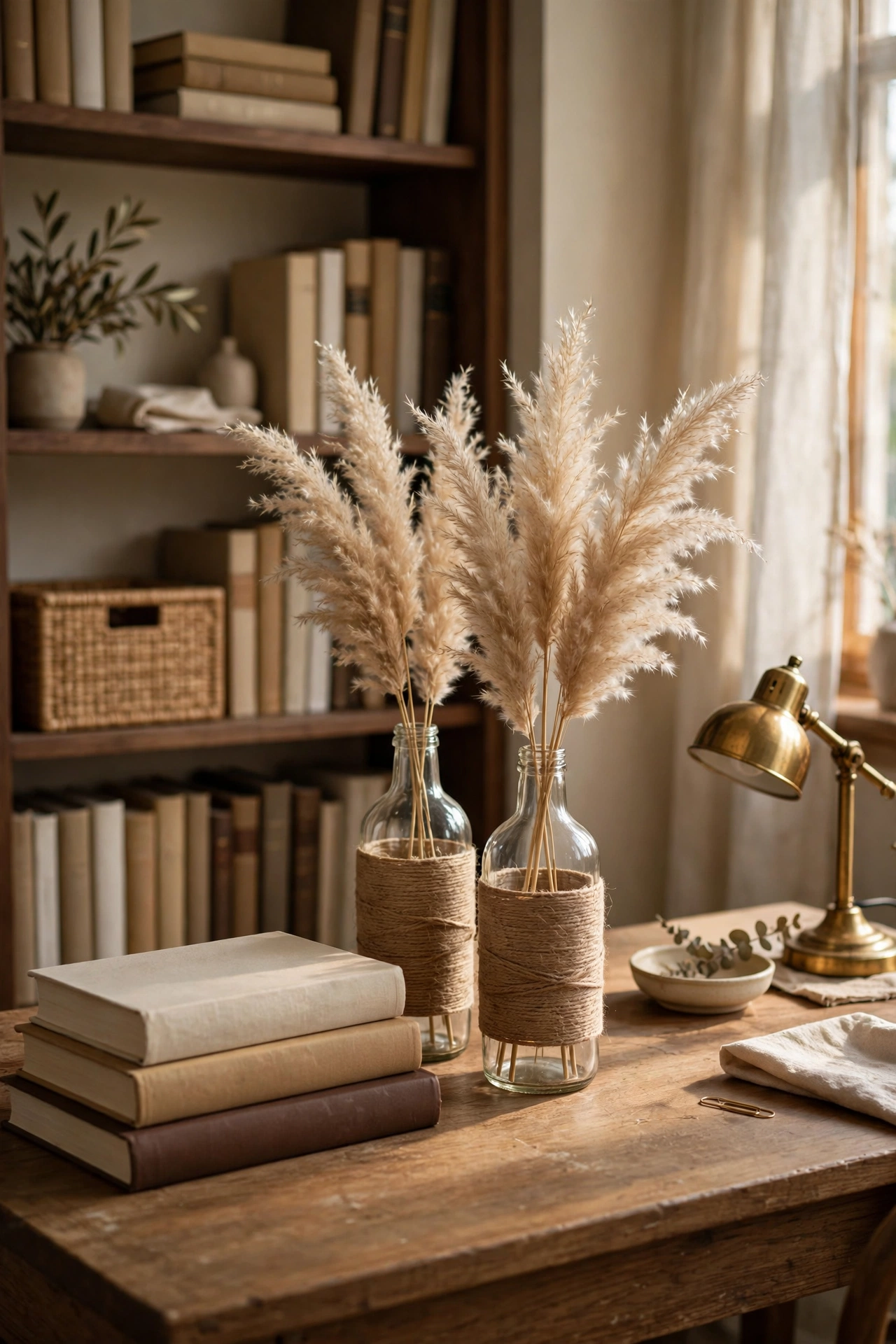 Home office desk with two glass bottles wrapped in natural jute twine holding dried pampas stems, stacked hardcover books and a small brass desk lamp, bookshelf behind.