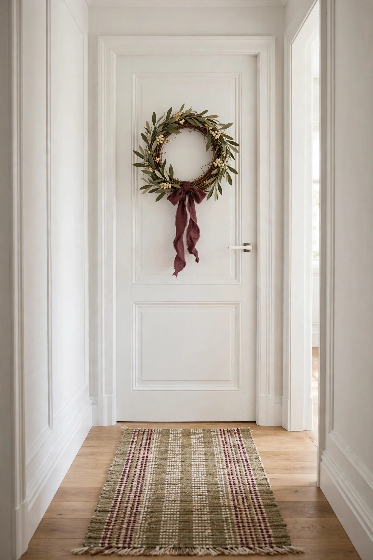 Paneled interior door in a white hallway hung with a grapevine wreath of olive leaves, cream berries and a loose burgundy ribbon bow, woven runner rug on the wood floor below.