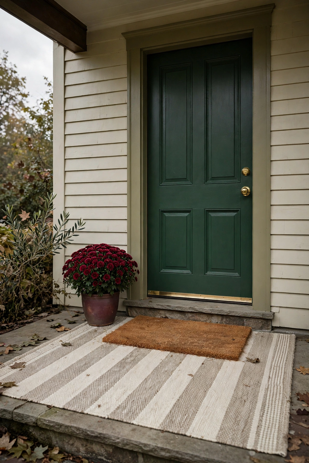 Front porch with a large oatmeal and cream striped outdoor rug layered under a plain coir doormat in front of a deep green front door, potted burgundy mum beside the step.