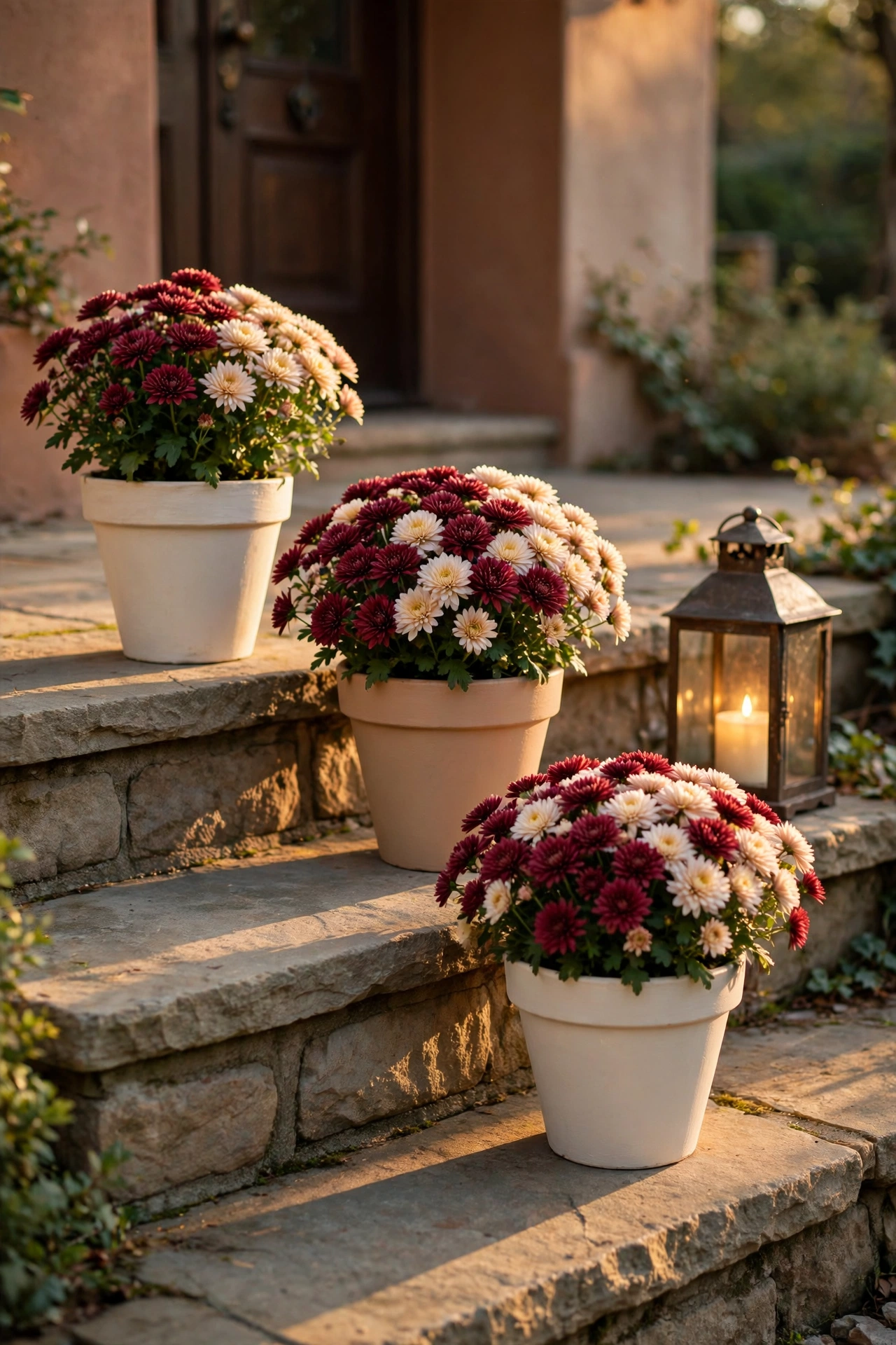Front porch steps with three terracotta pots painted soft matte cream and camel holding burgundy and cream mums at different heights, lantern beside them at golden hour.