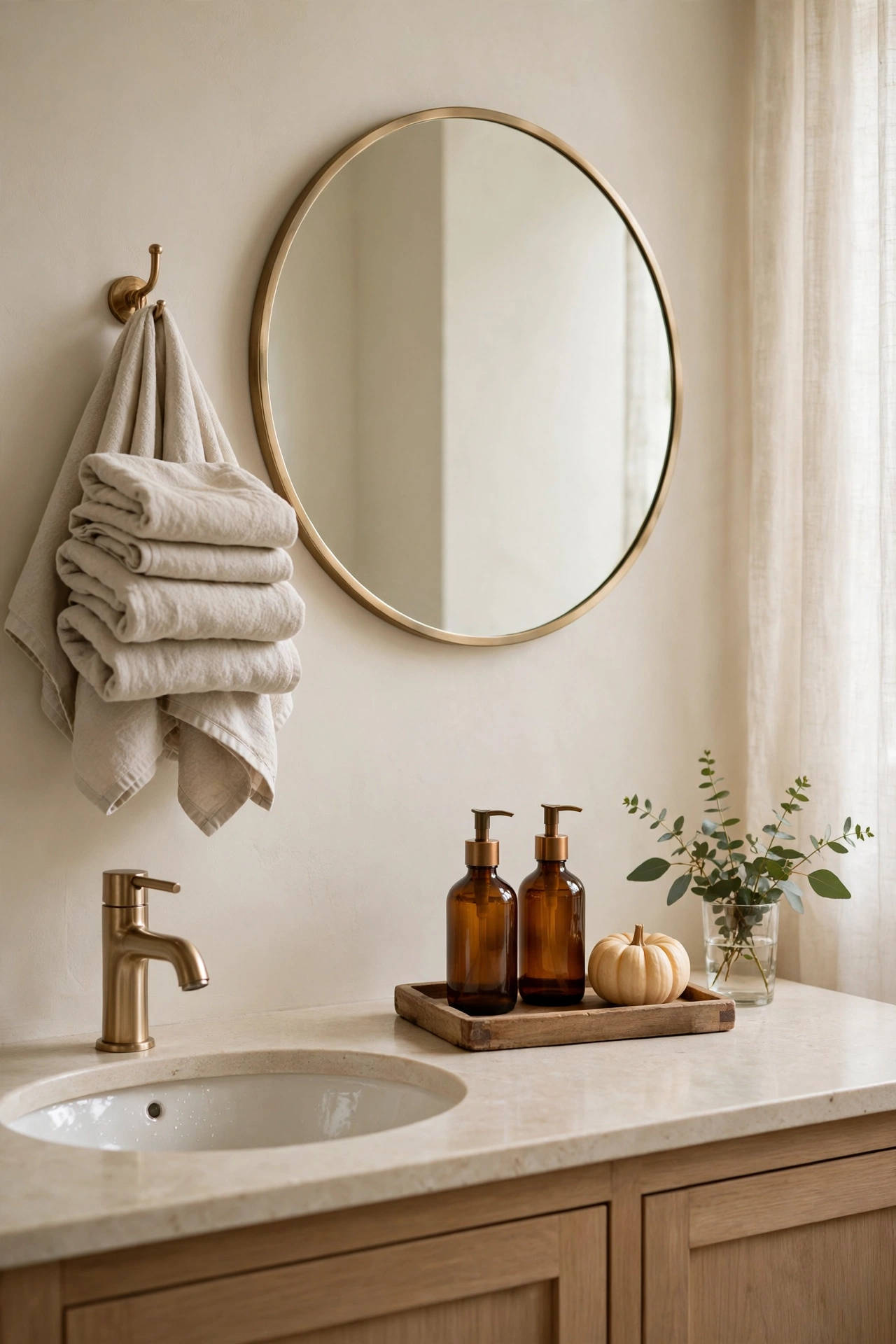 Bathroom vanity with a small wood tray holding two amber glass pump bottles, a tiny cream pumpkin and eucalyptus in a small glass, folded oatmeal towels beside a round mirror.
