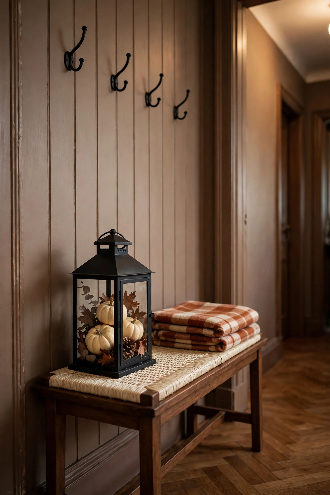 Hallway bench with a woven cushion and a black metal lantern filled with small cream pumpkins, pinecones and dried leaves, folded rust and cream plaid throw on the bench.