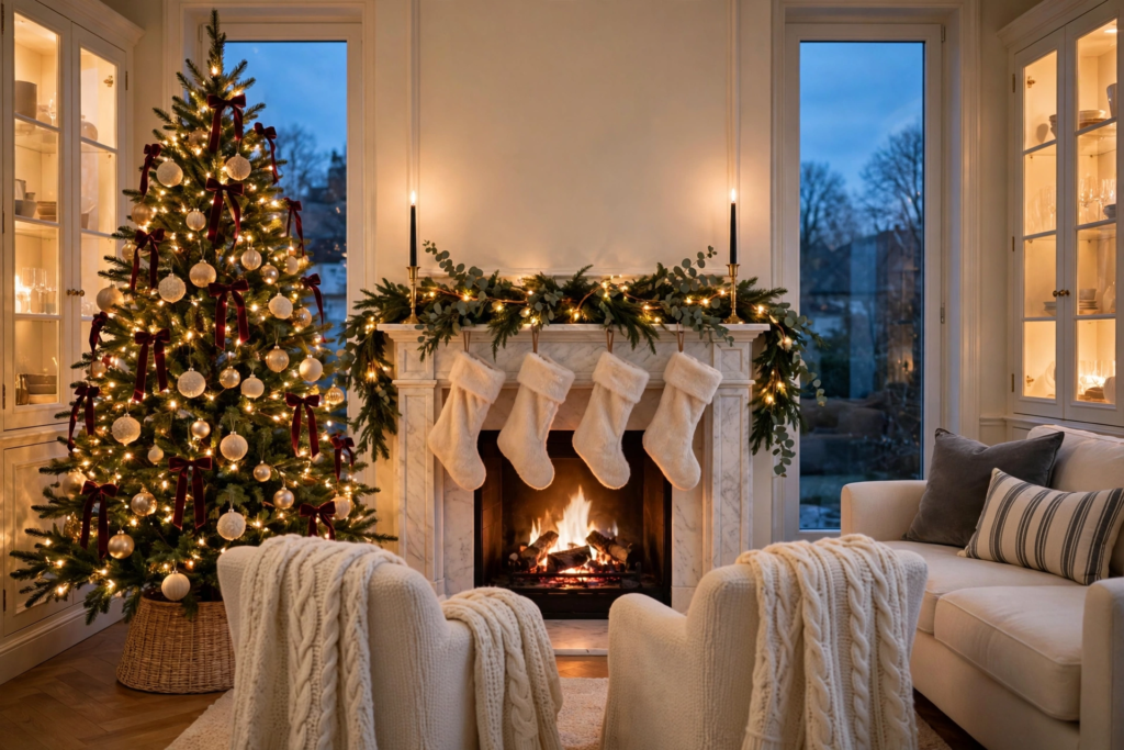 Elegant Christmas living room centered in frame, with a marble fireplace and glowing fire at the center, lush layered green garland with warm micro lights on the mantel, cream faux fur stockings, tall black taper candles in brass holders, a tall tree with burgundy velvet bows and matte cream and gold ornaments in a woven basket collar, and a cream sofa with a charcoal pillow at dusk.