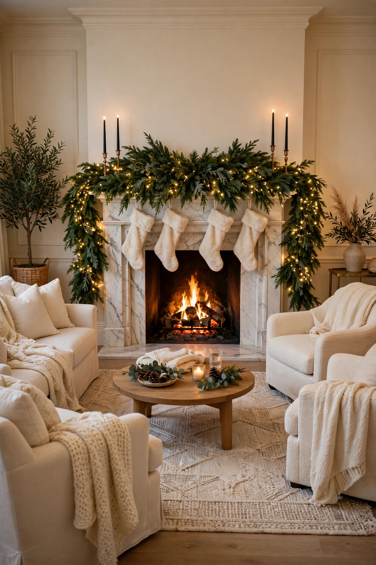 Elegant living room with a white marble fireplace and a mantel layered deep in lush green garland with warm micro lights, cream faux fur stockings, black taper candles in brass holders and a glowing fire.