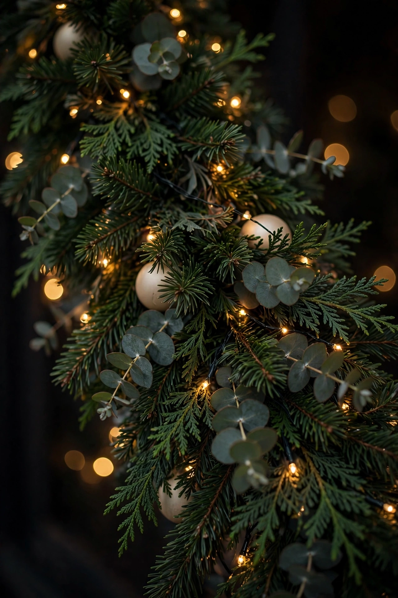 Close view of lush green Christmas garland woven with hundreds of warm micro lights, with matte cream baubles tucked among pine, cedar and eucalyptus leaves.