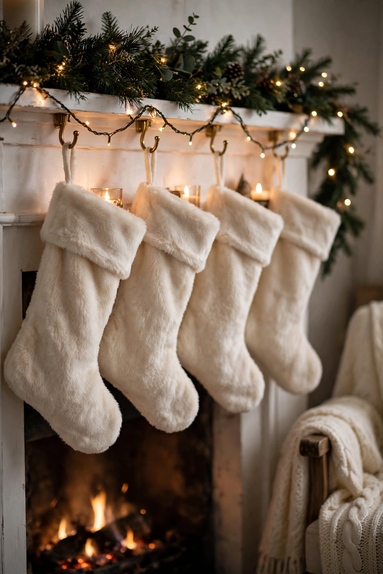 Row of cream faux fur Christmas stockings hanging from a white mantel under green garland with warm lights, with a glowing fire below.