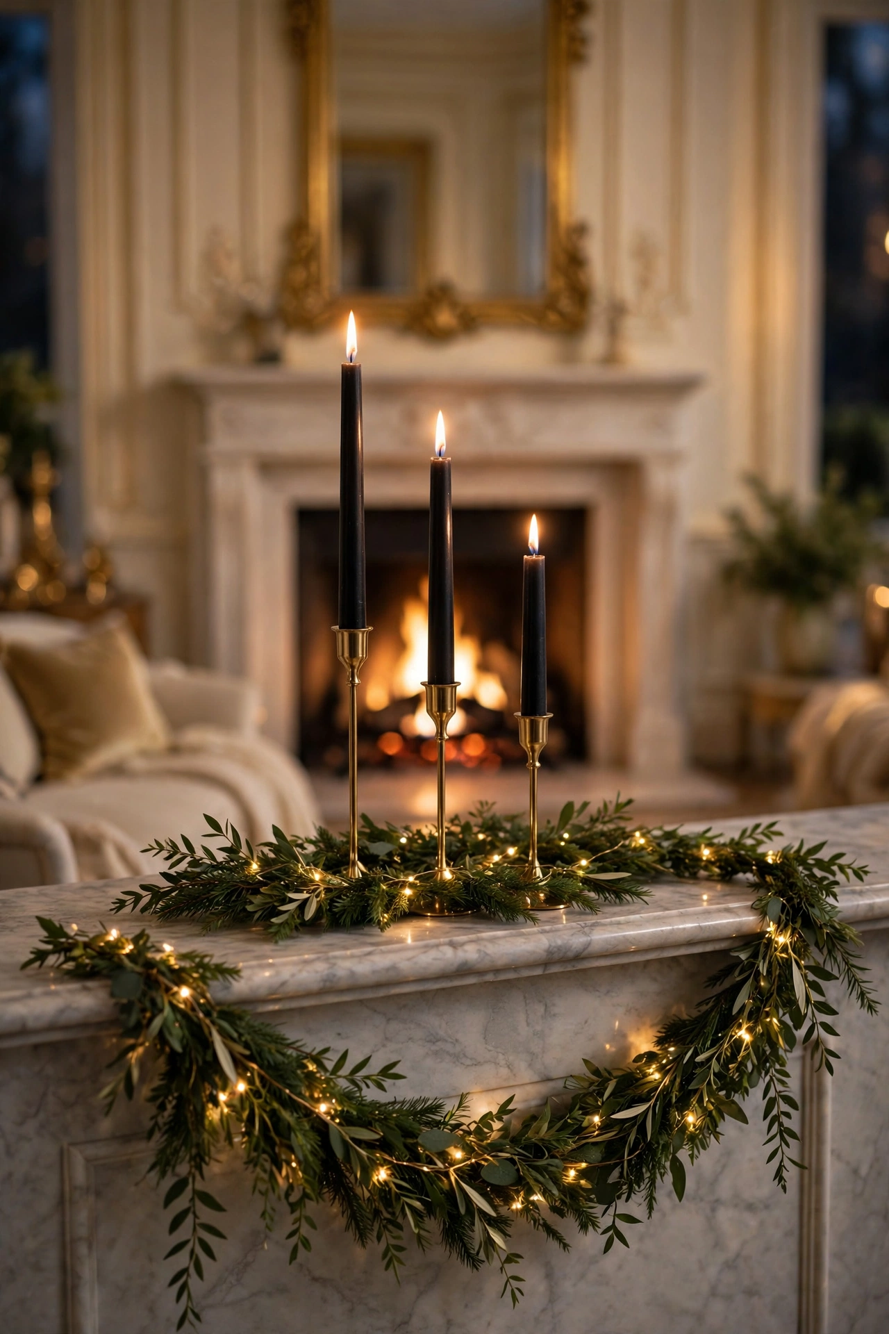 Tall black taper candles in brass holders on a marble mantel above lush green garland with warm micro lights and a lit fireplace.