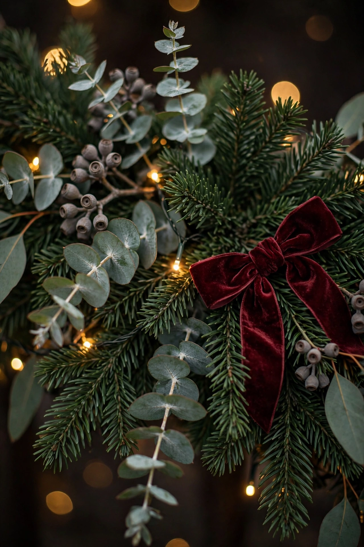 Close view of deep green pine garland softened with silvery eucalyptus leaves, warm fairy lights and a burgundy velvet bow.