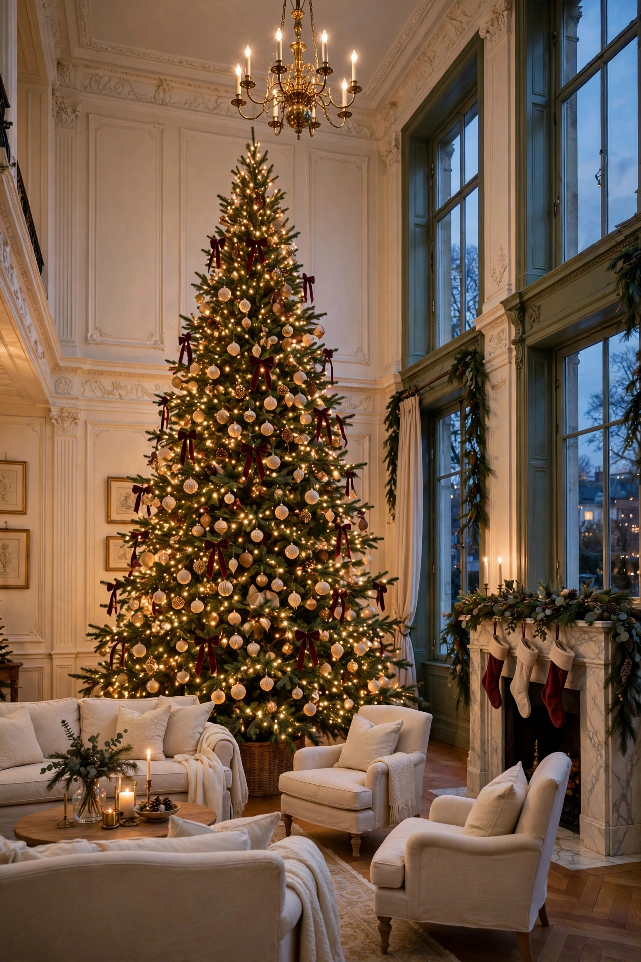 Grand living room with a towering Christmas tree covered in warm micro lights, burgundy velvet bows and matte cream and gold ornaments, with cream seating and a marble fireplace.