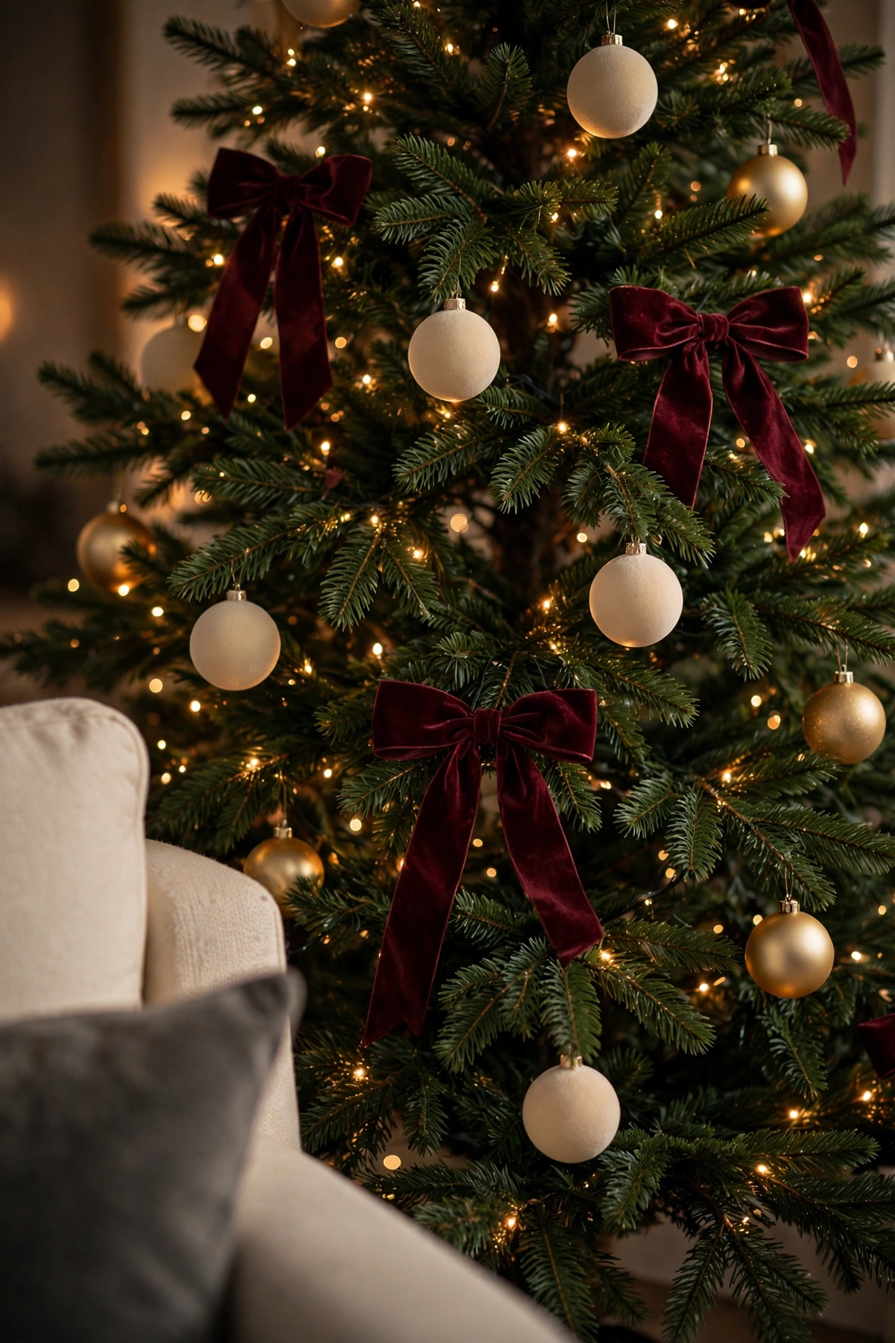 Christmas tree branches filled with warm micro lights, matte cream and gold baubles and large burgundy velvet ribbon bows, beside a cream sofa with a charcoal pillow.