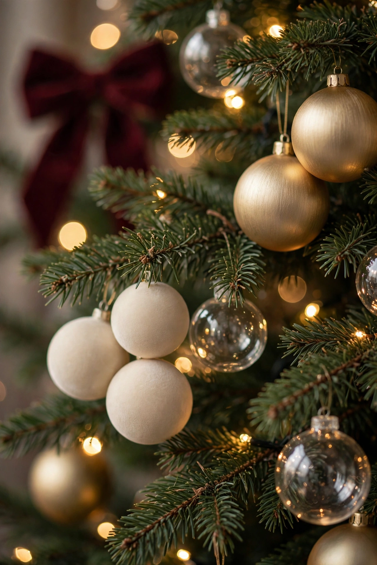 Close view of Christmas tree branches holding matte cream baubles, brushed gold ornaments and clear glass baubles among warm micro lights.