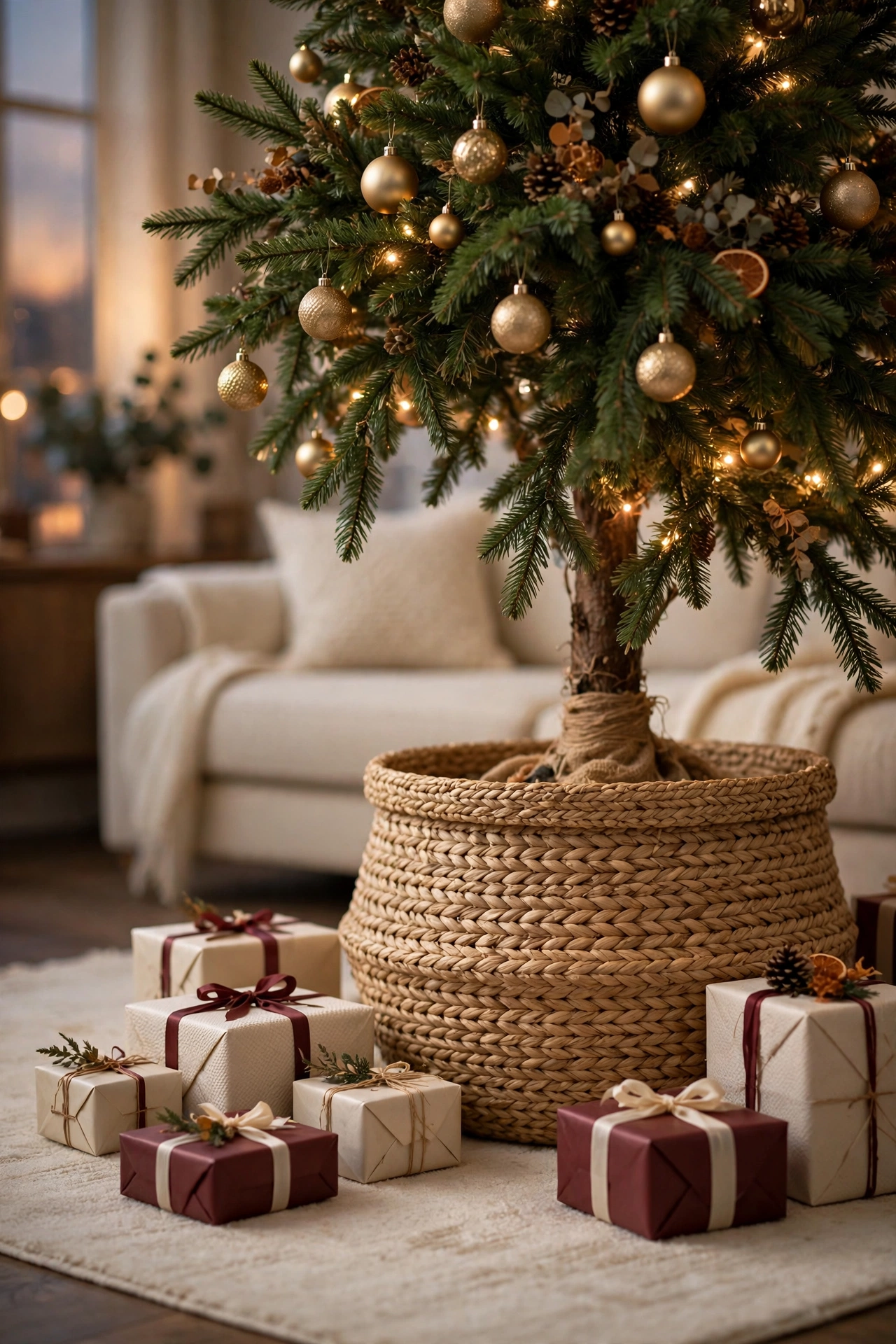 Base of a Christmas tree standing in a woven seagrass basket collar, with cream and burgundy wrapped gifts arranged around it on a cream rug.