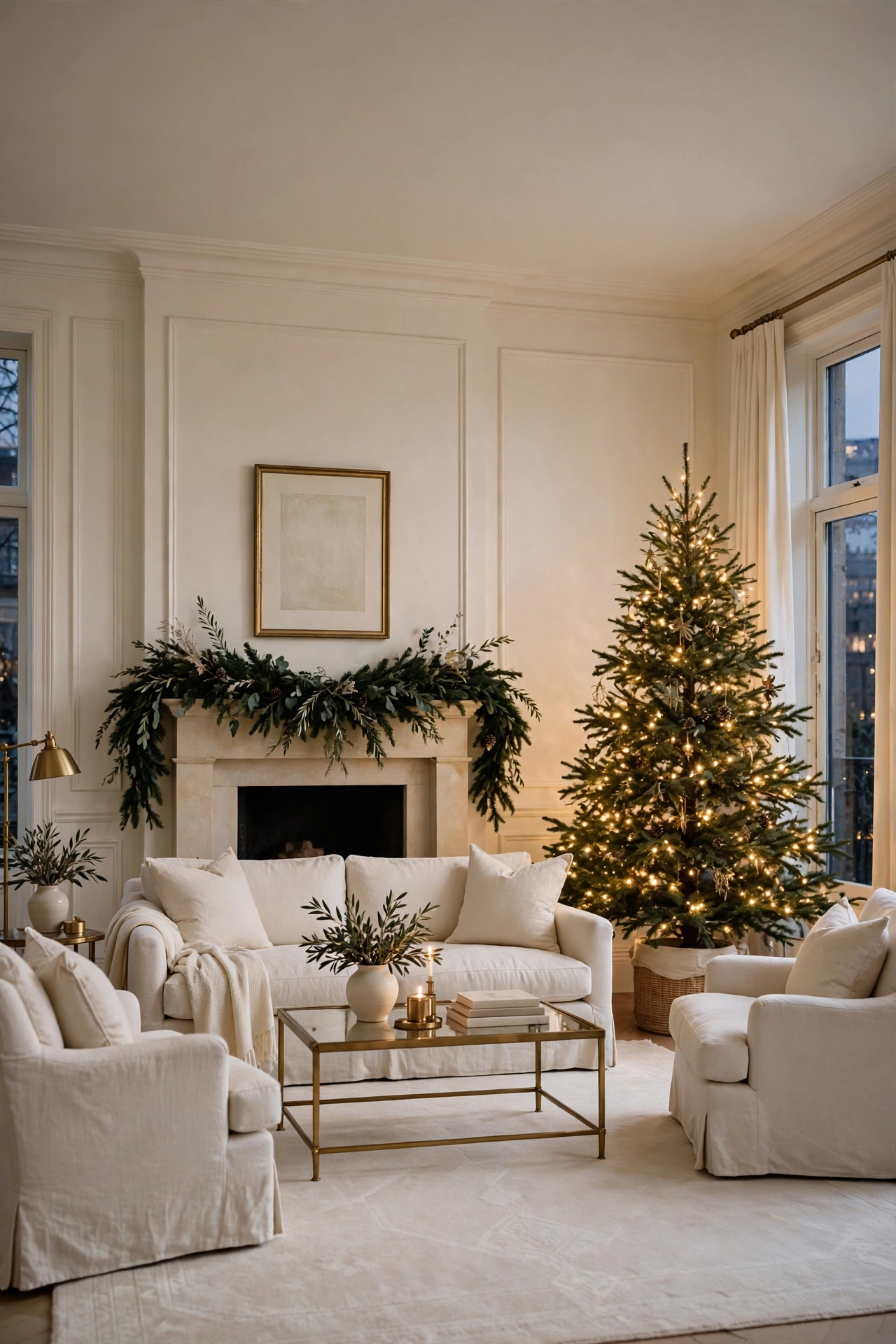 Serene living room in cream and ivory with a cream sofa and armchairs, deep green garland on the mantel and a lit Christmas tree as the only strong color.