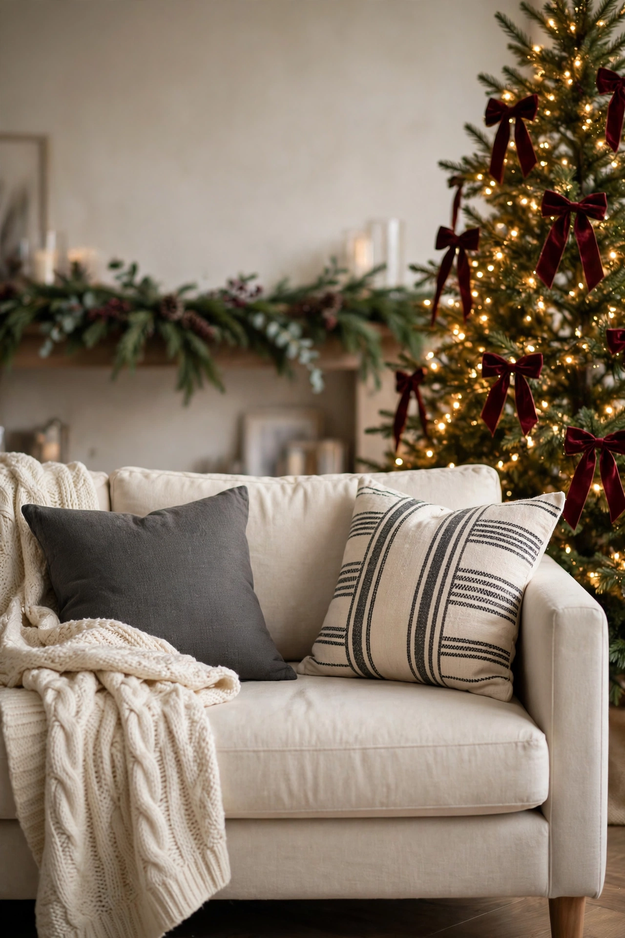 Cream linen sofa with a charcoal pillow and a striped lumbar pillow, a chunky knit throw on the arm and a glowing Christmas tree beside it.
