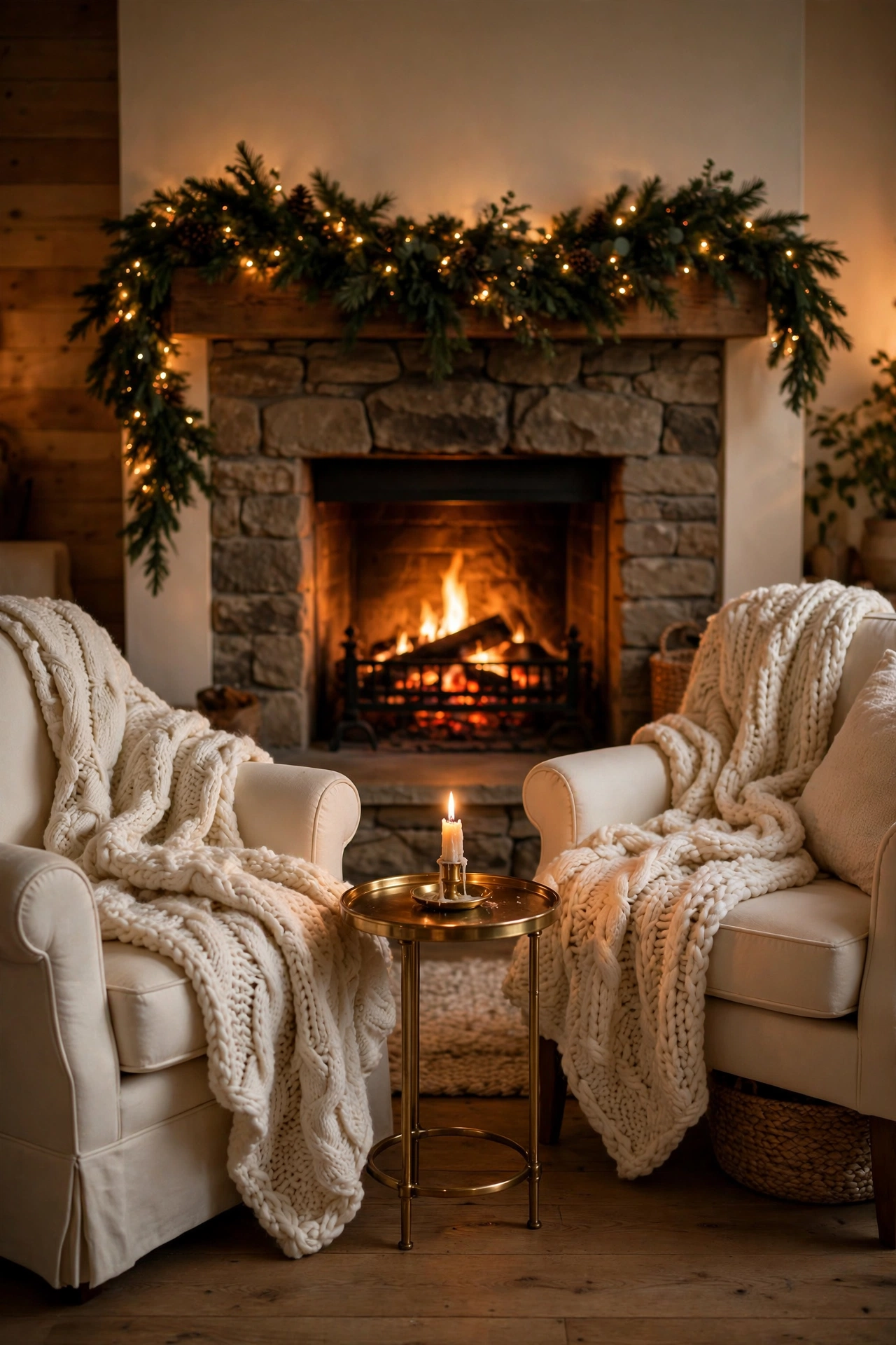 Two cream armchairs with chunky knit throws angled toward a glowing stone fireplace with green garland and micro lights on the mantel.