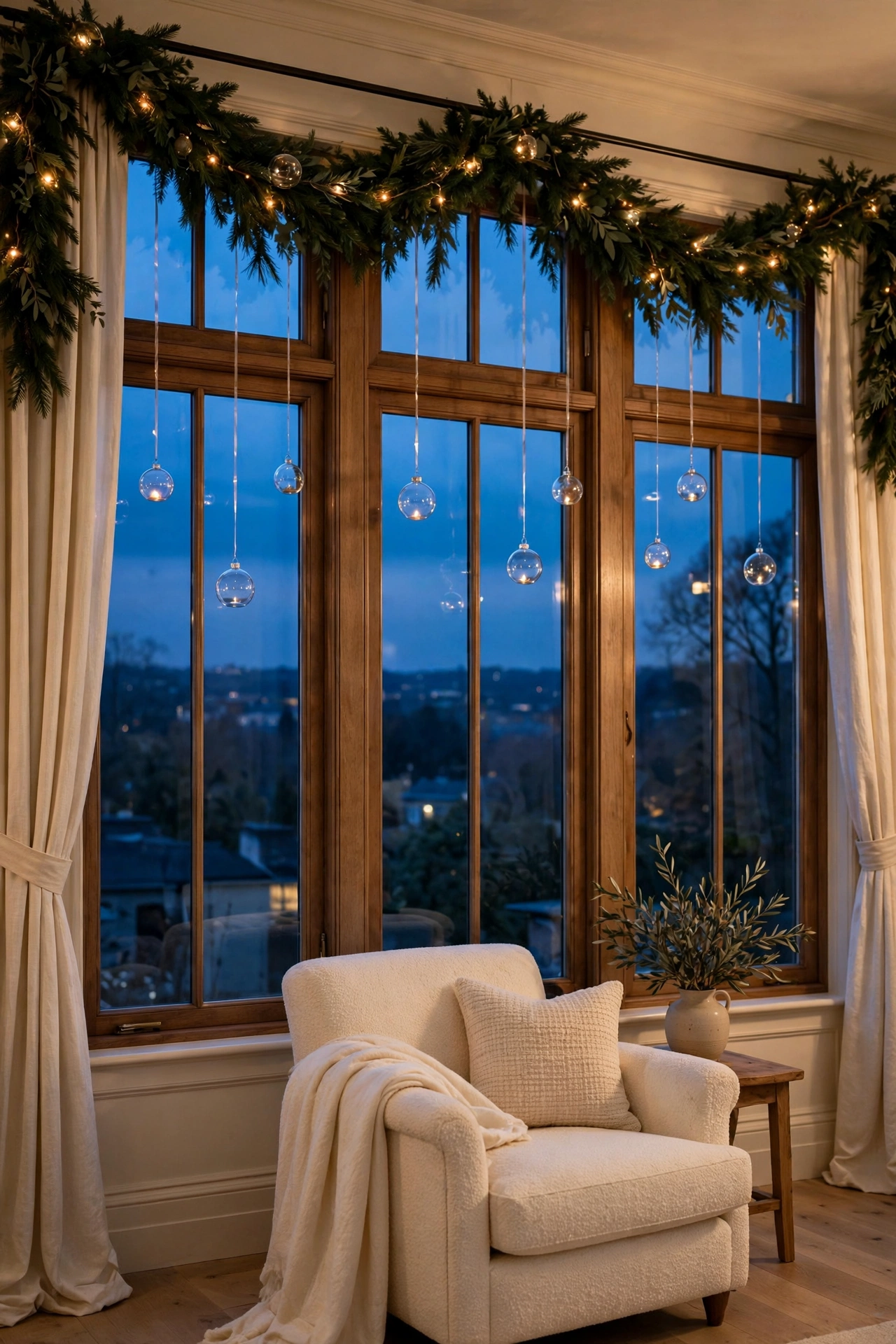 Tall windows dressed with green garland and warm micro lights, with clear glass baubles hanging at different heights against the deep blue dusk.