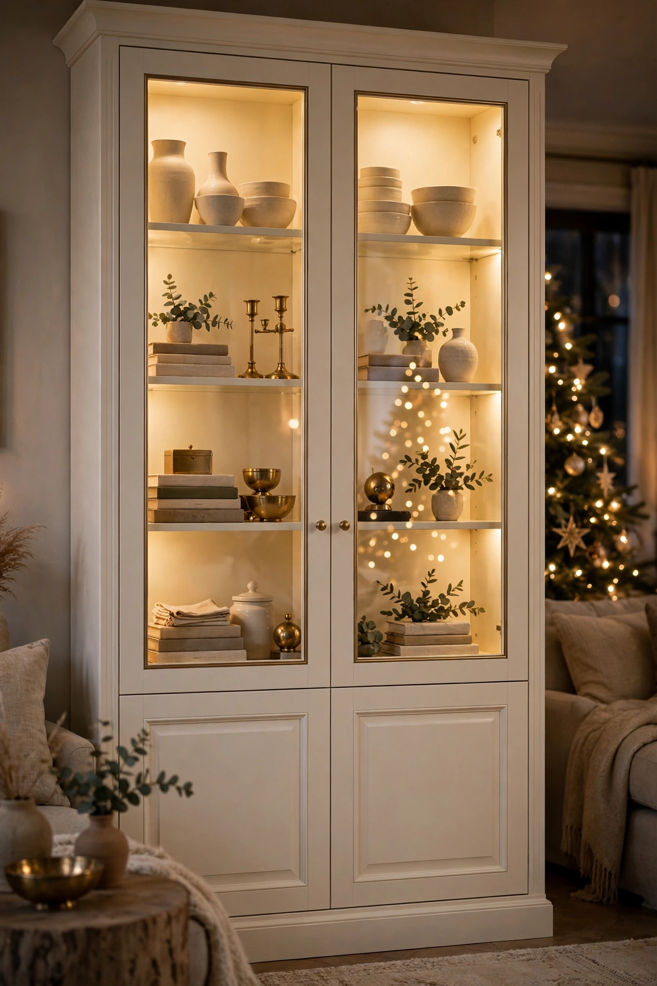 Cream glass front cabinets lit warmly from inside, styled with cream ceramics, brass pieces and books, with a Christmas tree reflected in the glass.