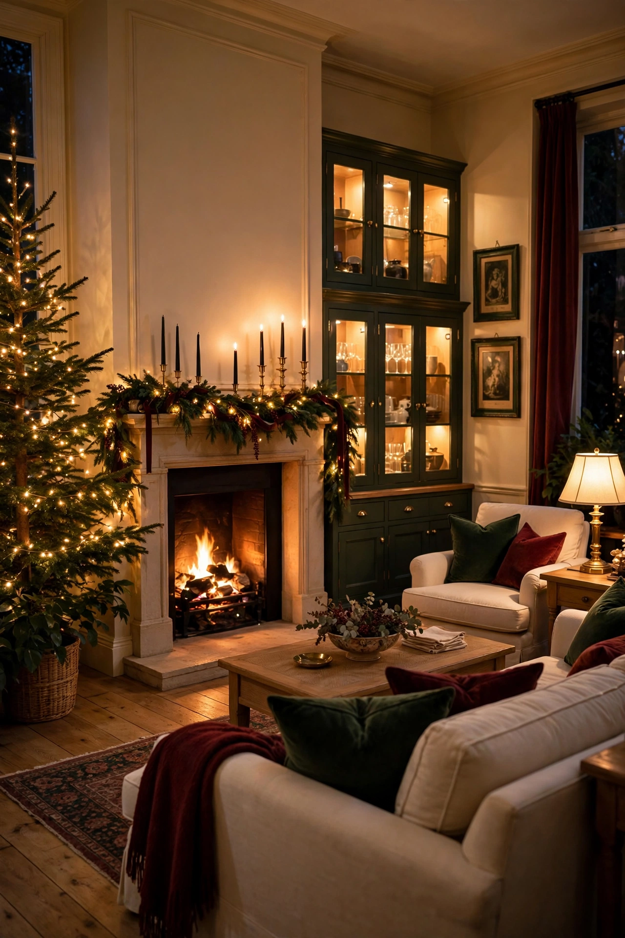 Elegant living room at night lit in warm layers, with micro lights in the tree and garland, black taper candles, a shaded lamp, a glowing fireplace and lit cabinets.