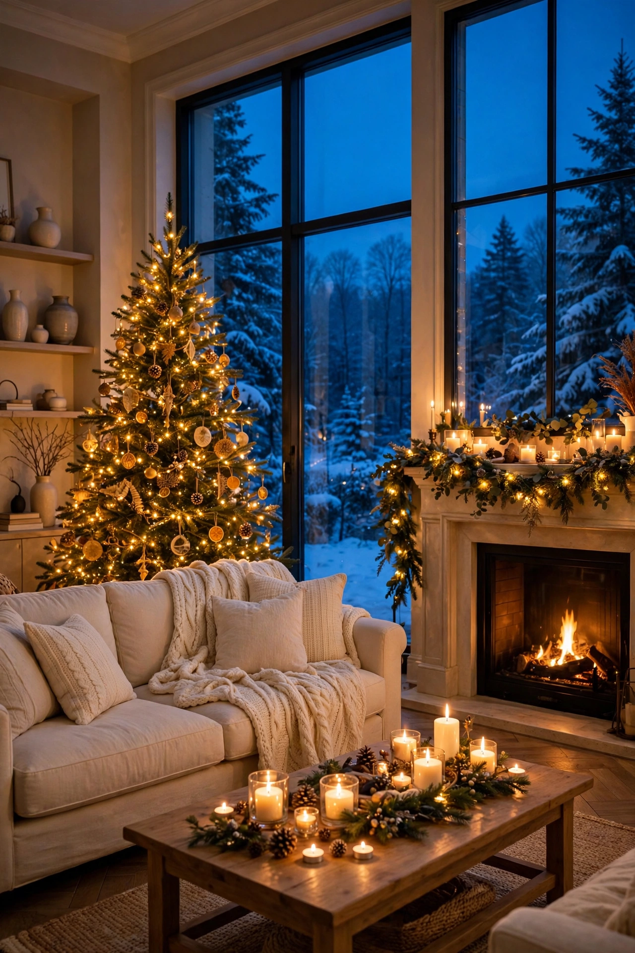 Living room at the blue hour with deep blue dusk at the windows and a warm golden glow inside from the tree, the garland, the fire and candles.