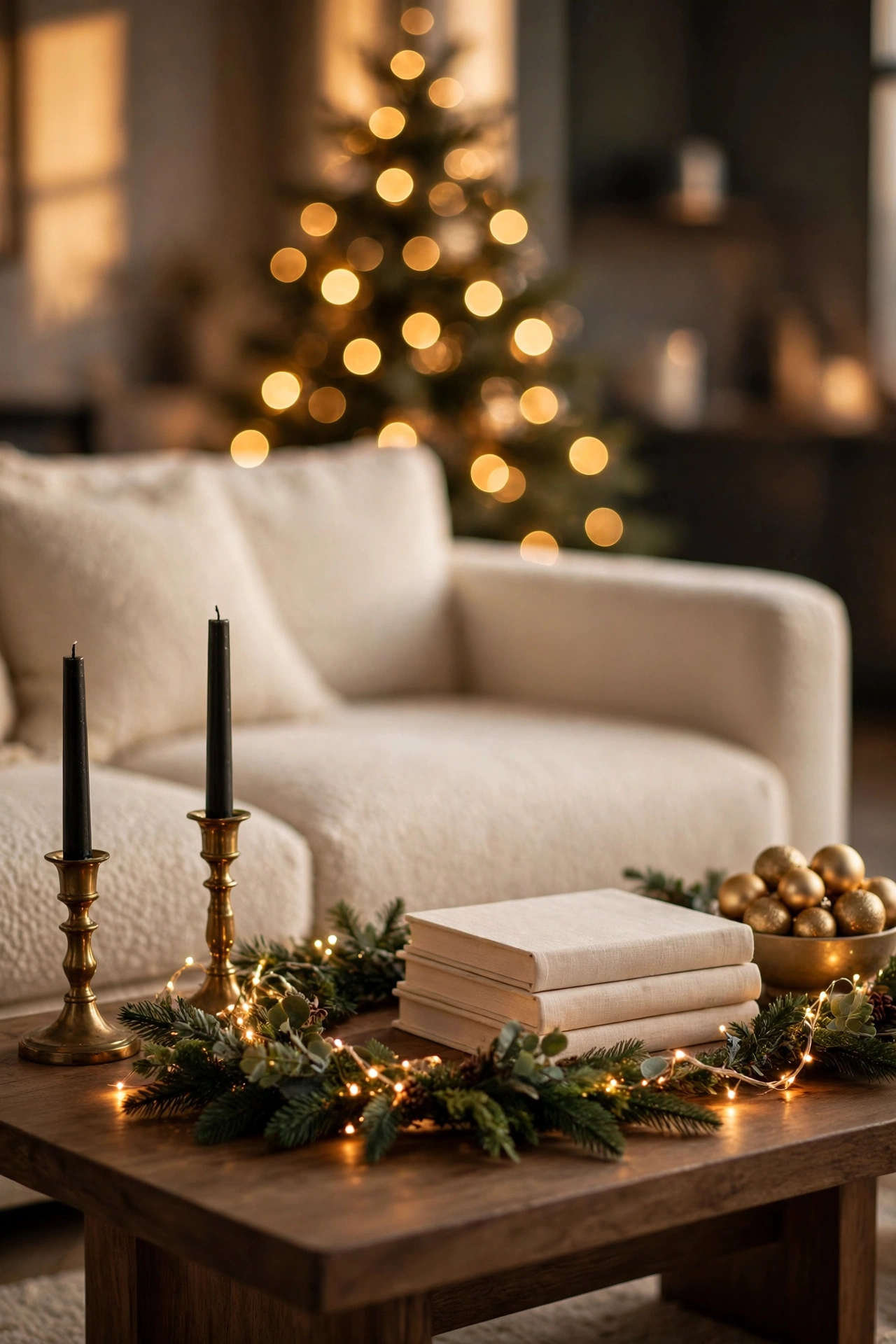 Coffee table styled with green garland, warm fairy lights, brass holders with black tapers, cream books and a bowl of matte gold ornaments.