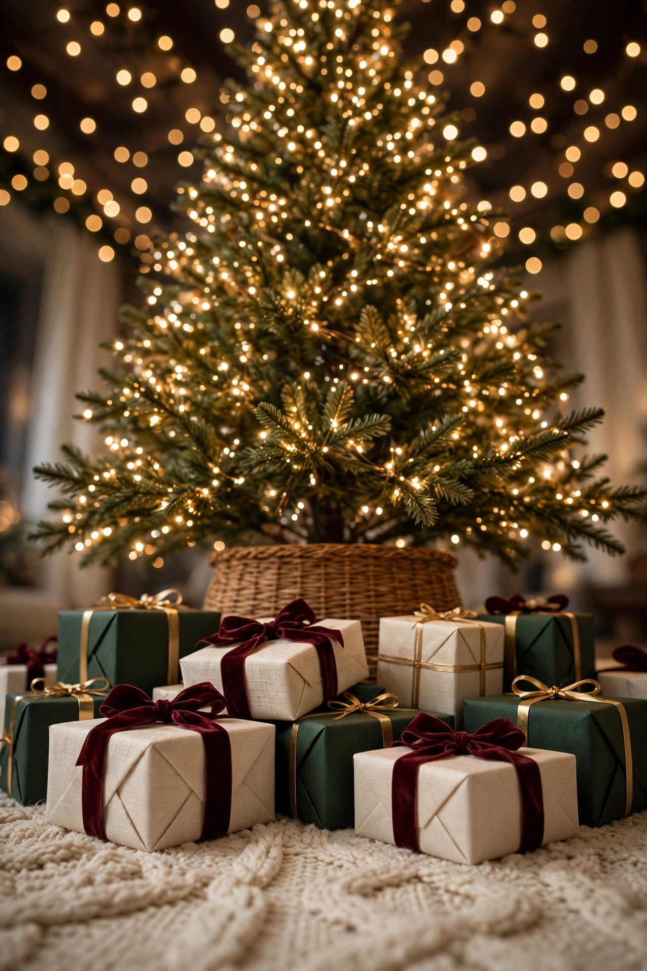 Wrapped Christmas gifts in cream, ivory and deep green paper with burgundy velvet bows at the base of a glowing tree in a woven basket collar.